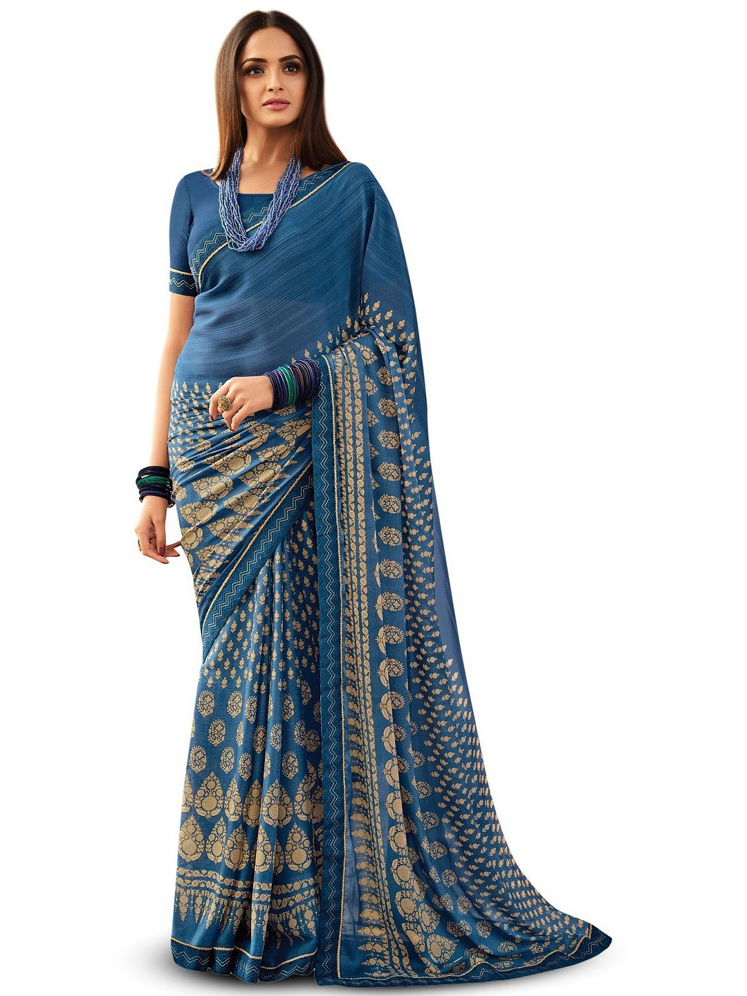 

ROOP SUNDARI SAREES Ethnic Motifs Printed Pure Georgette Saree, Blue