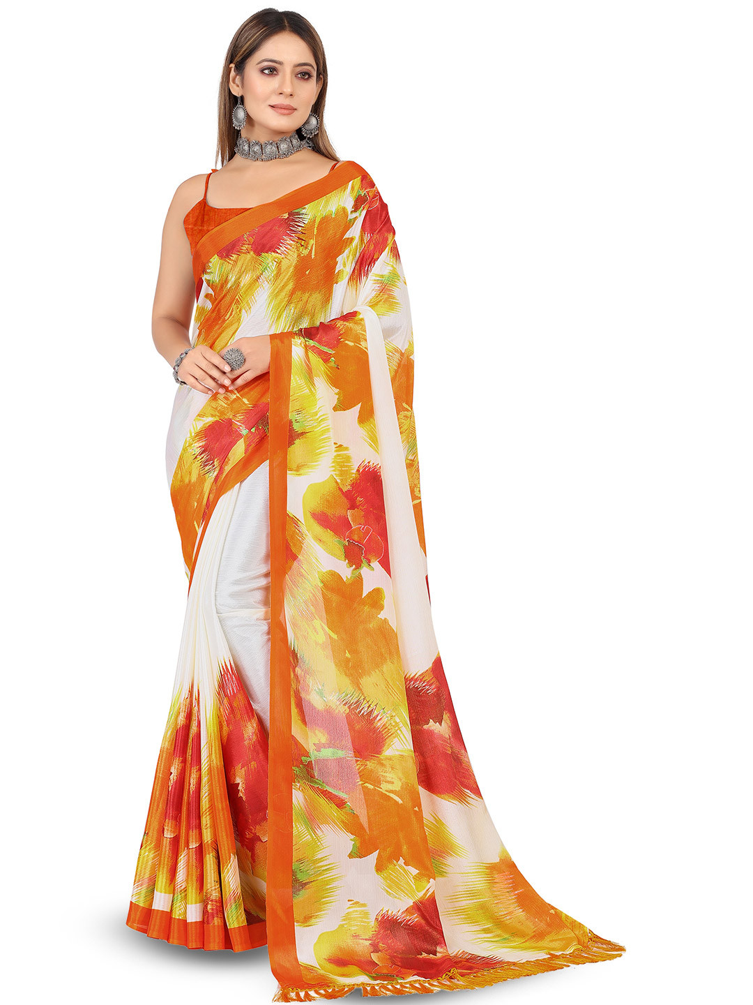 

ROOP SUNDARI SAREES Floral Printed Pure Chiffon Saree, Orange