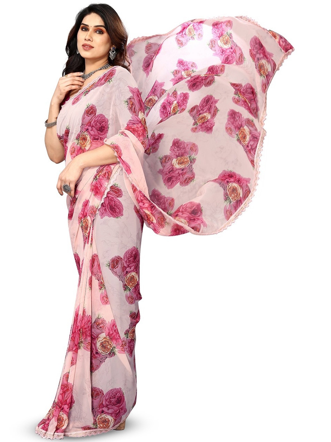 

ROOP SUNDARI SAREES Floral Printed Pure Georgette Saree, Pink