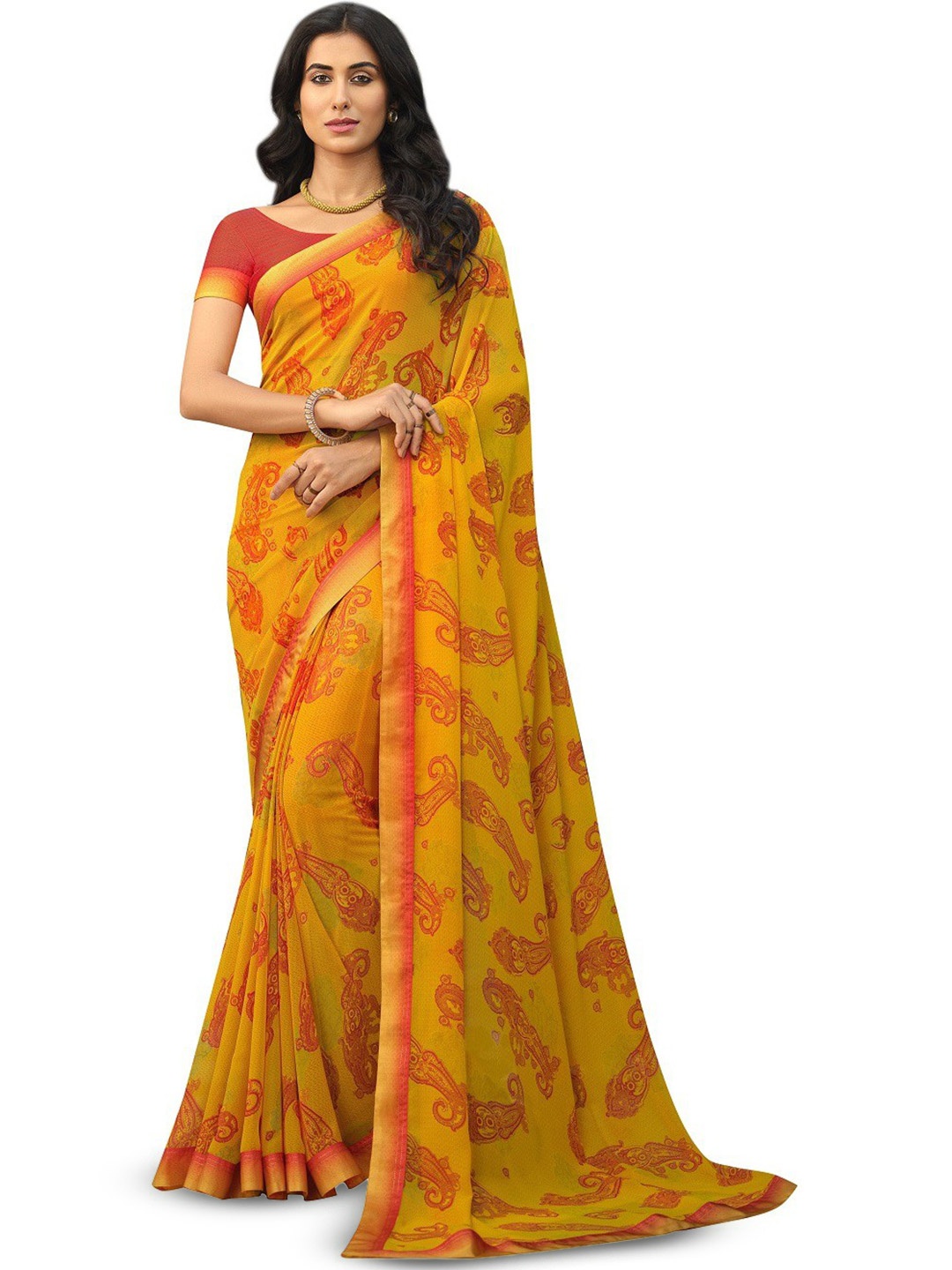 

ROOP SUNDARI SAREES Paisley Printed Pure Georgette Saree, Yellow