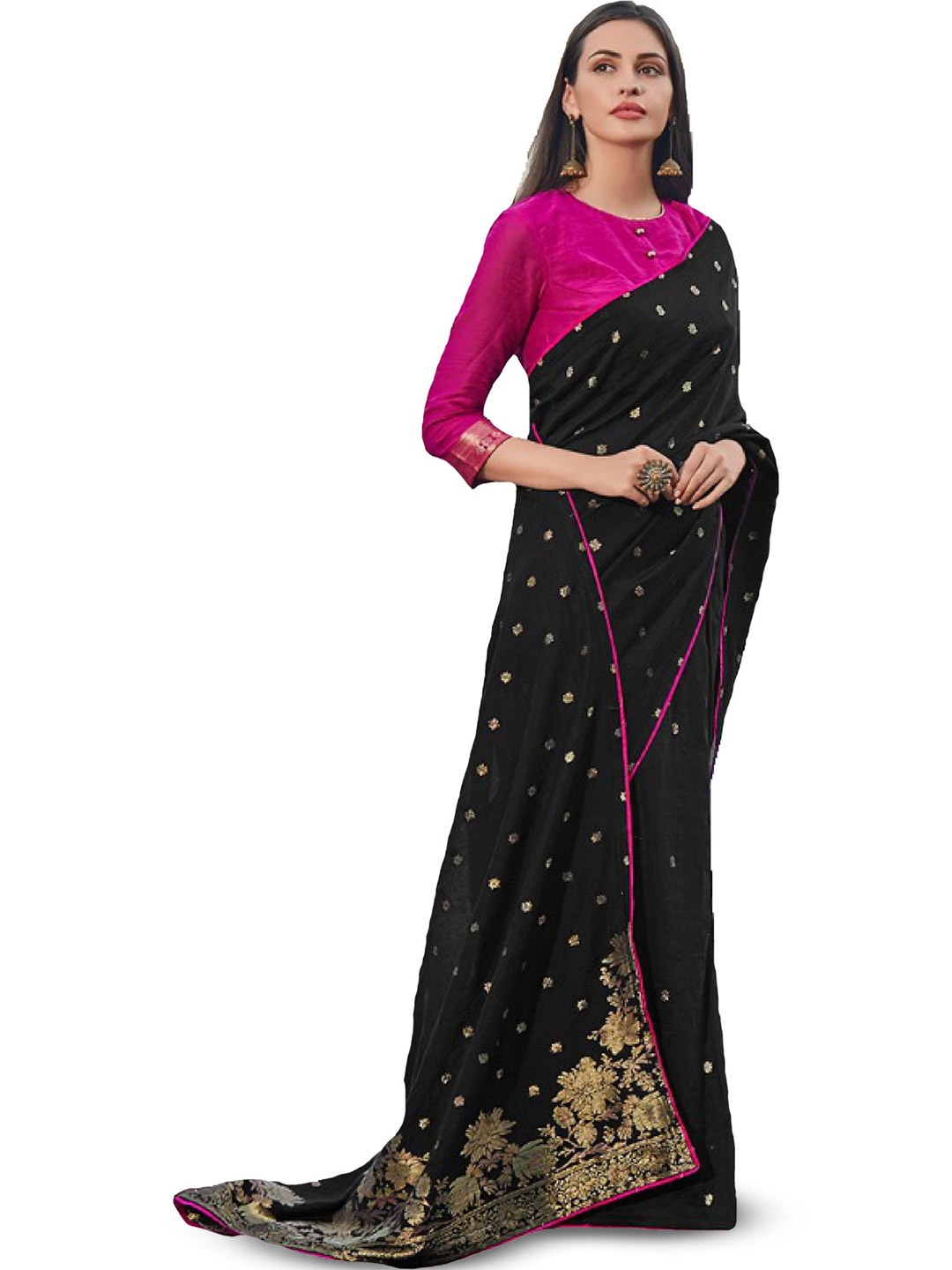 

ROOP SUNDARI SAREES Floral Printed Saree, Black
