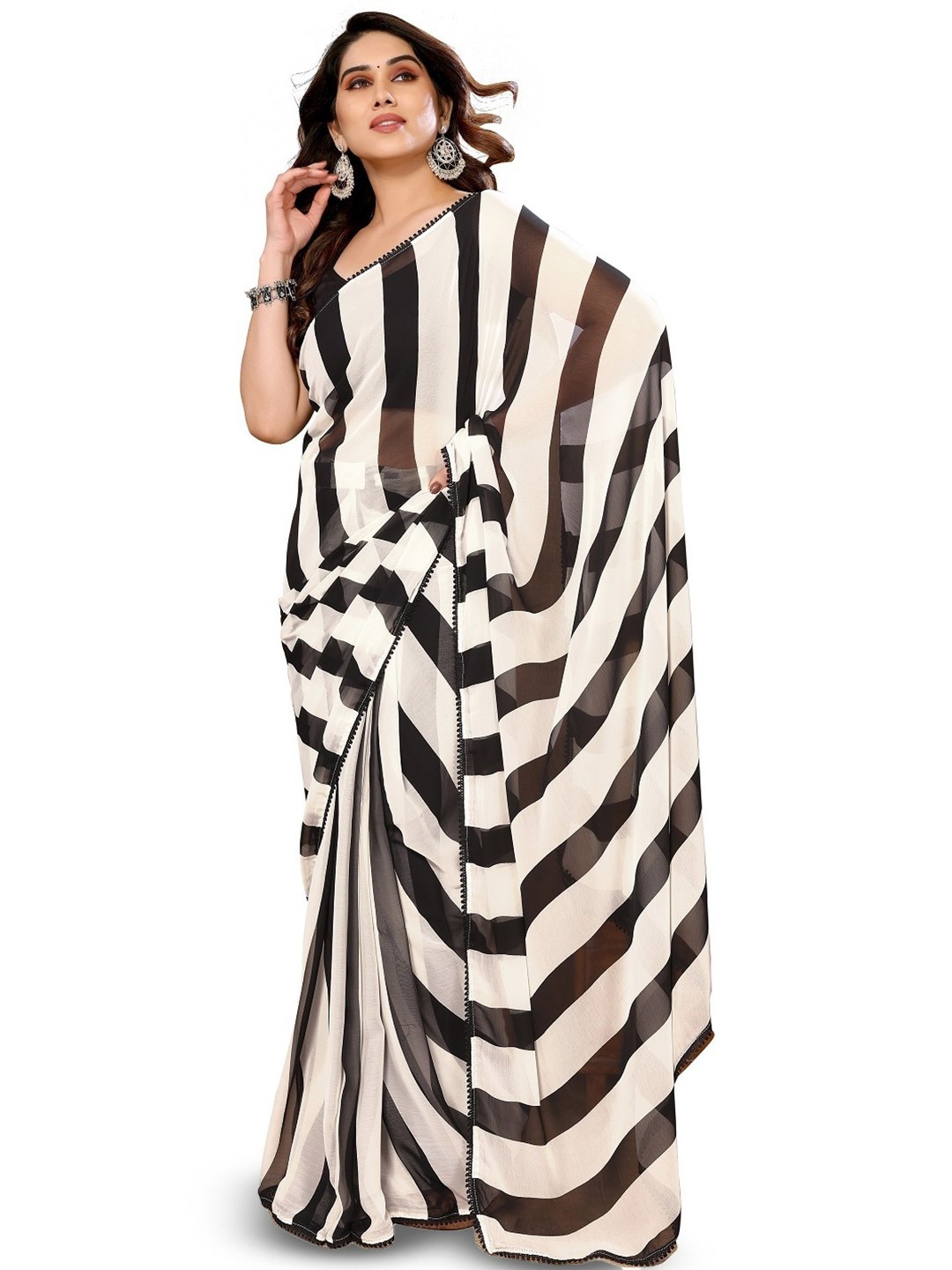 

ROOP SUNDARI SAREES Striped Printed Saree, Black