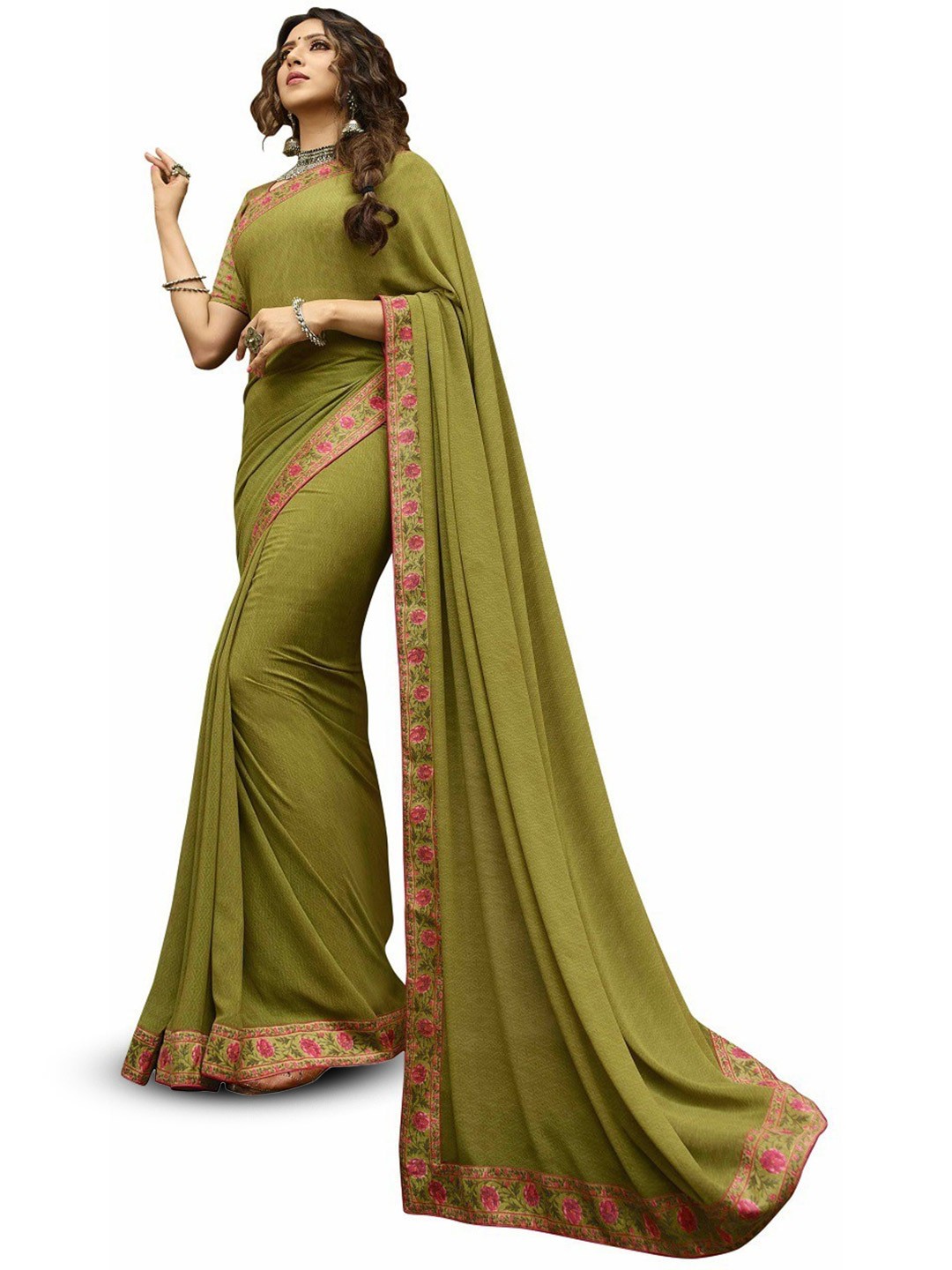 

ROOP SUNDARI SAREES Floral Pure Georgette Saree, Green