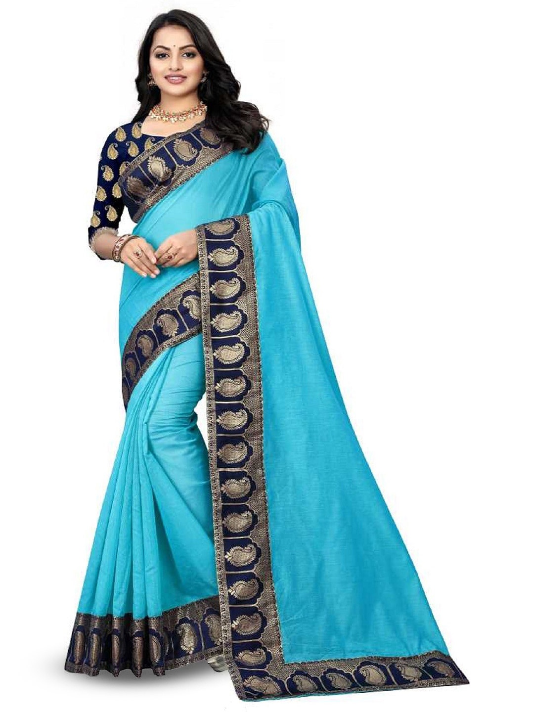 

ROOP SUNDARI SAREES Floral Printed Zari Saree, Blue