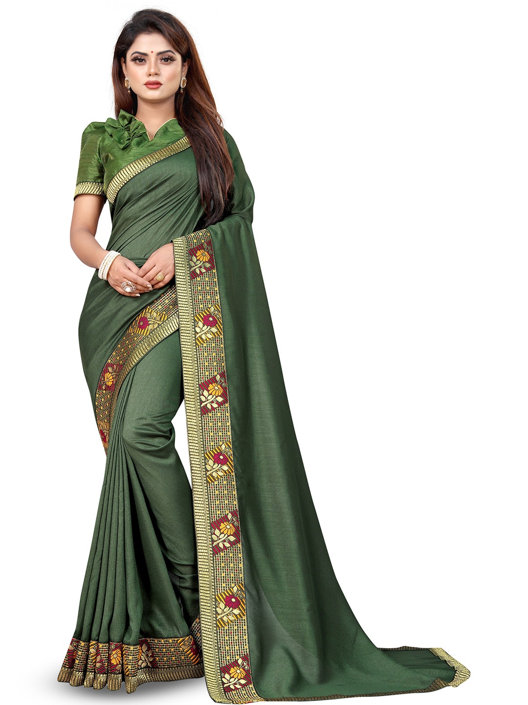 

ROOP SUNDARI SAREES Floral Printed Georgette Saree, Green