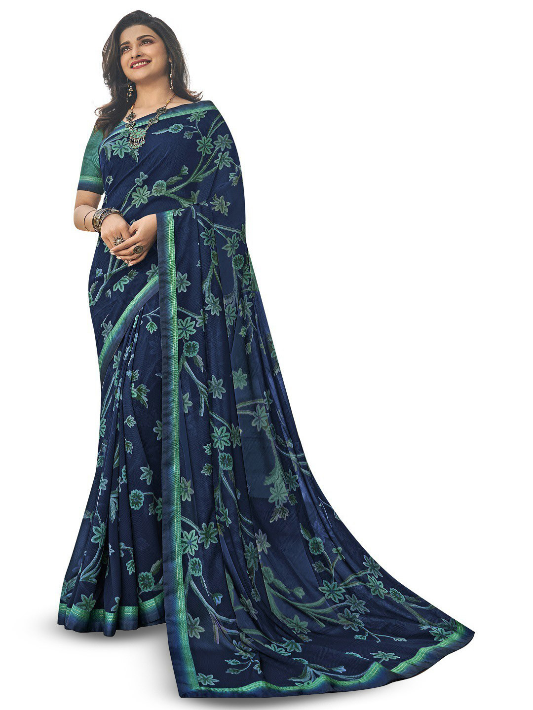 

ROOP SUNDARI SAREES Floral Print Pure Georgette Saree, Blue