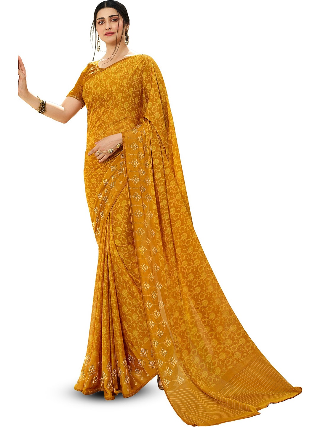 

ROOP SUNDARI SAREES Floral Printed Georgette Saree, Yellow