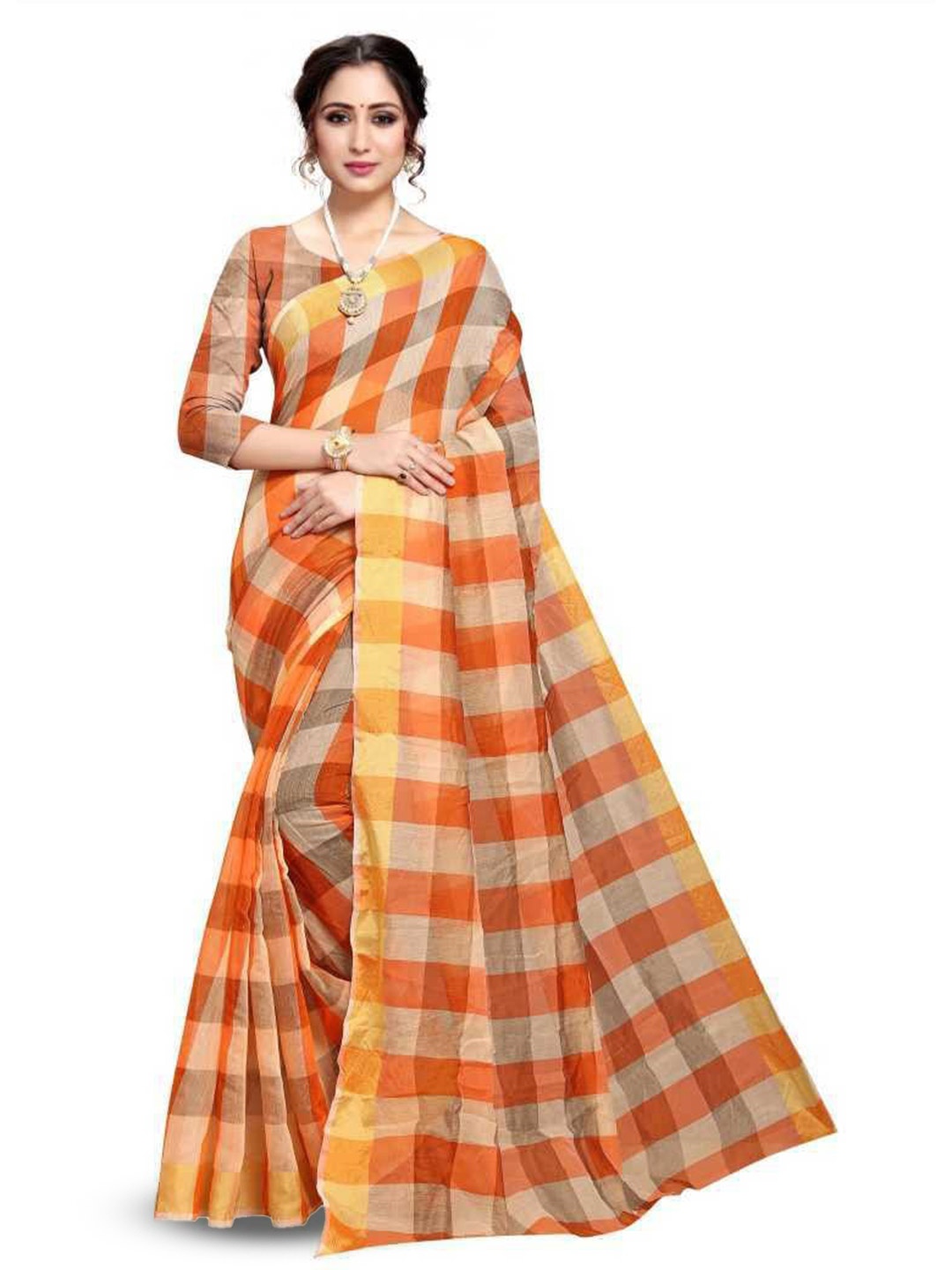 

ROOP SUNDARI SAREES Checked Printed Saree, Orange