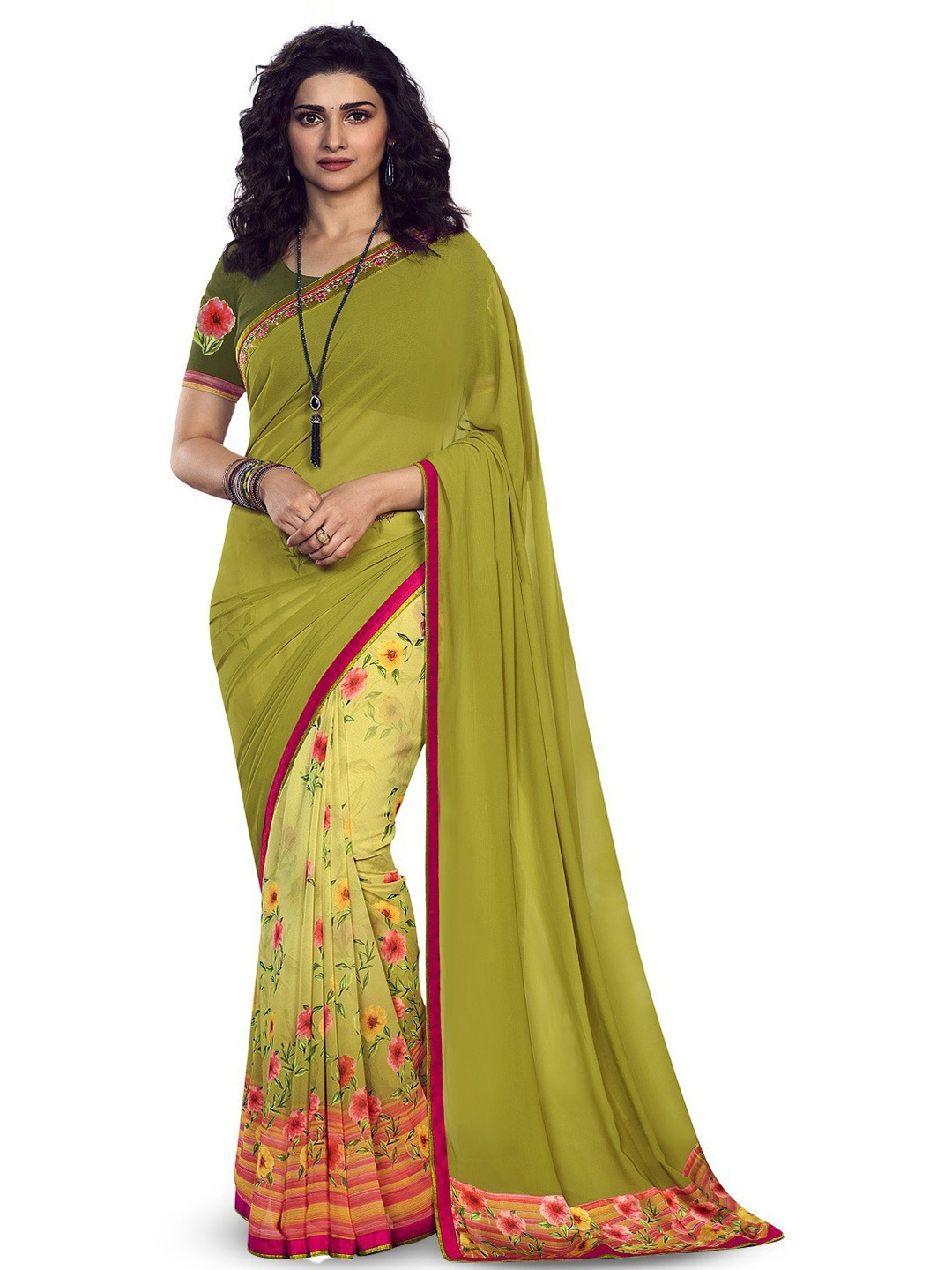 

ROOP SUNDARI SAREES Floral Pure Georgette Half and Half Saree, Green