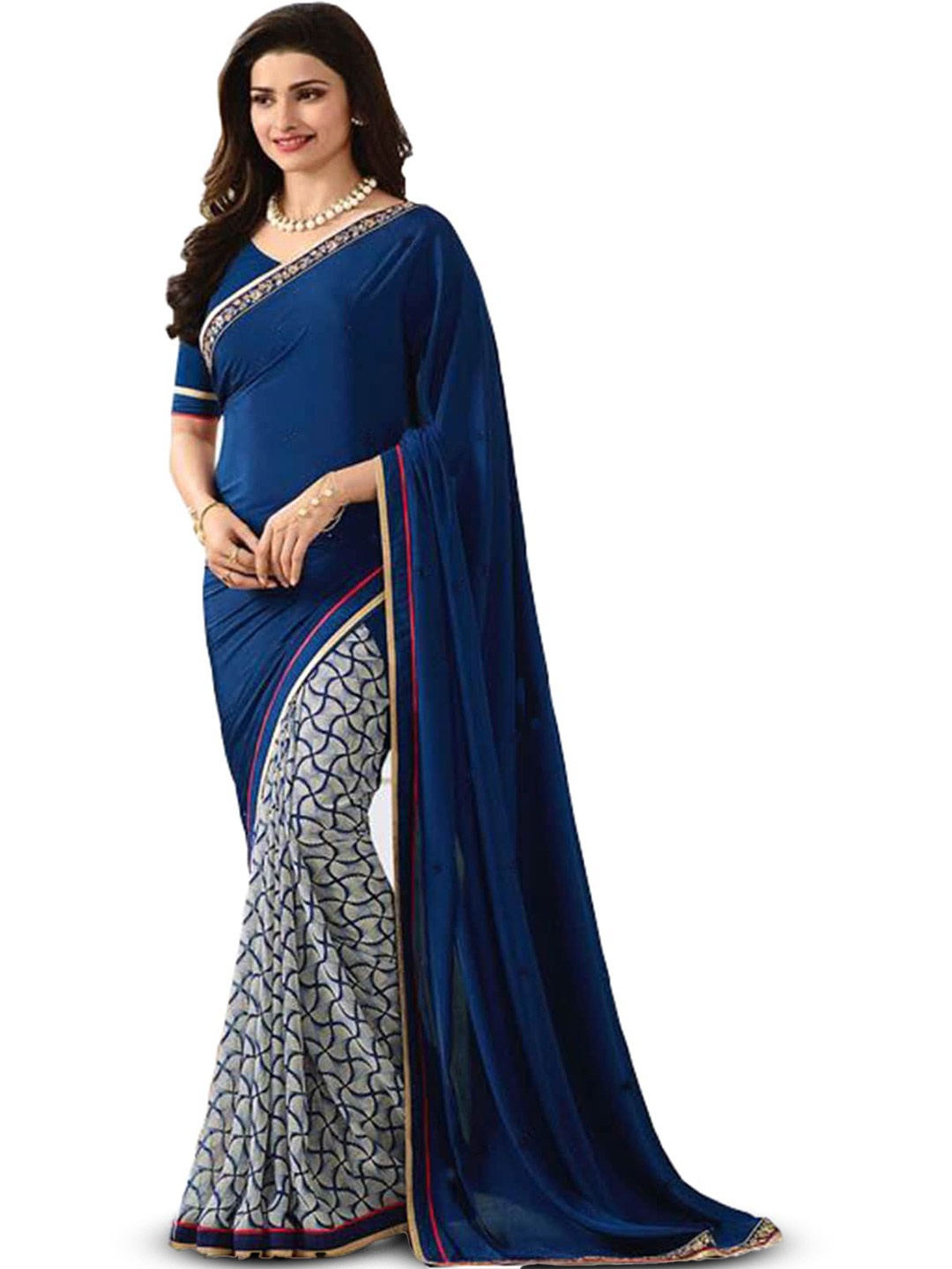 

ROOP SUNDARI SAREES Half and Half Pure Georgette Saree, Blue