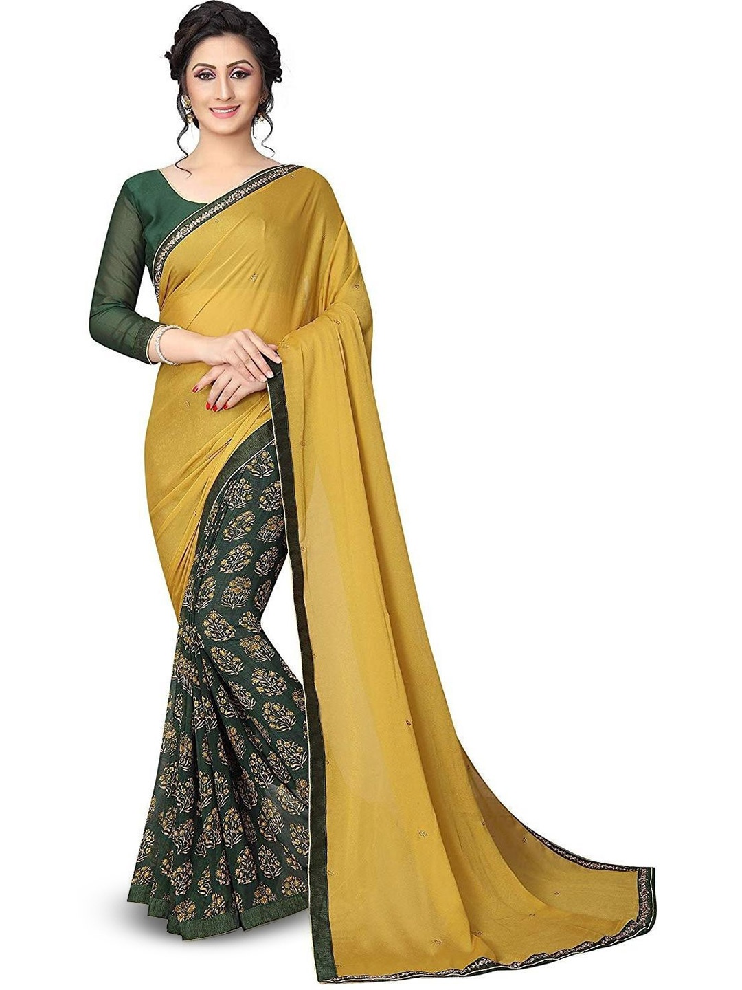 

ROOP SUNDARI SAREES Floral Printed Half and Half Pure Georgette Saree, Green