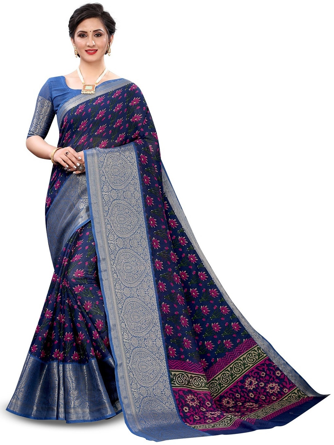 

ROOP SUNDARI SAREES Floral Printed Zari Saree, Blue