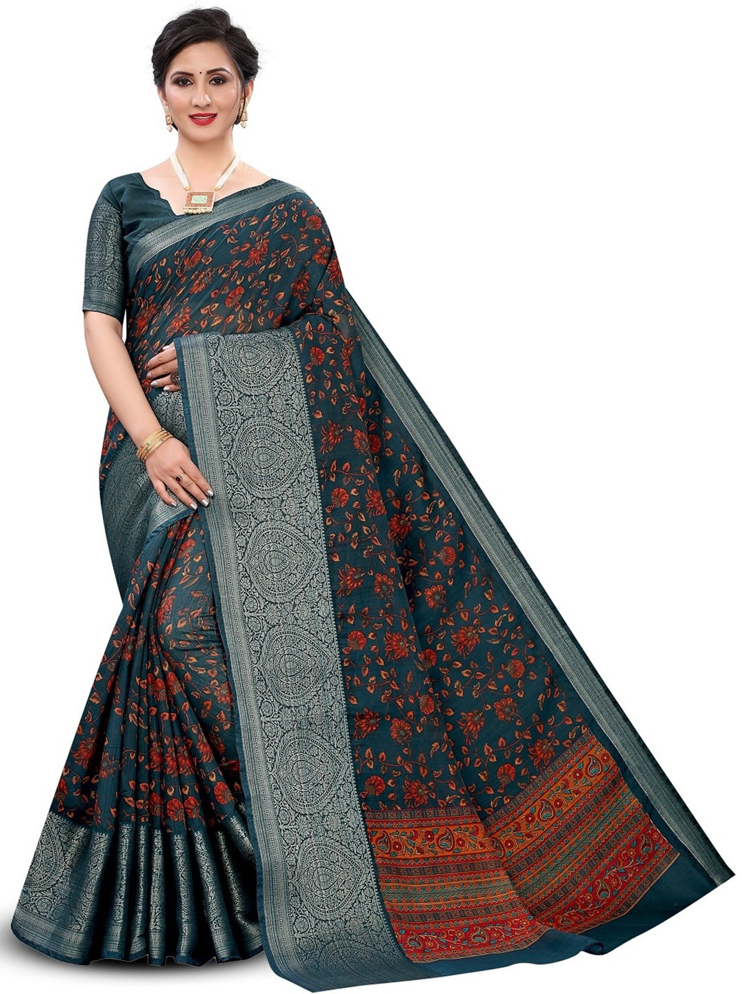 

ROOP SUNDARI SAREES Floral Printed Zari Saree, Blue