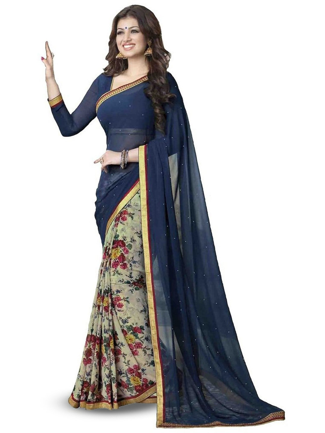 

ROOP SUNDARI SAREES Floral Printed Pure Georgette Half and Half Saree, Blue