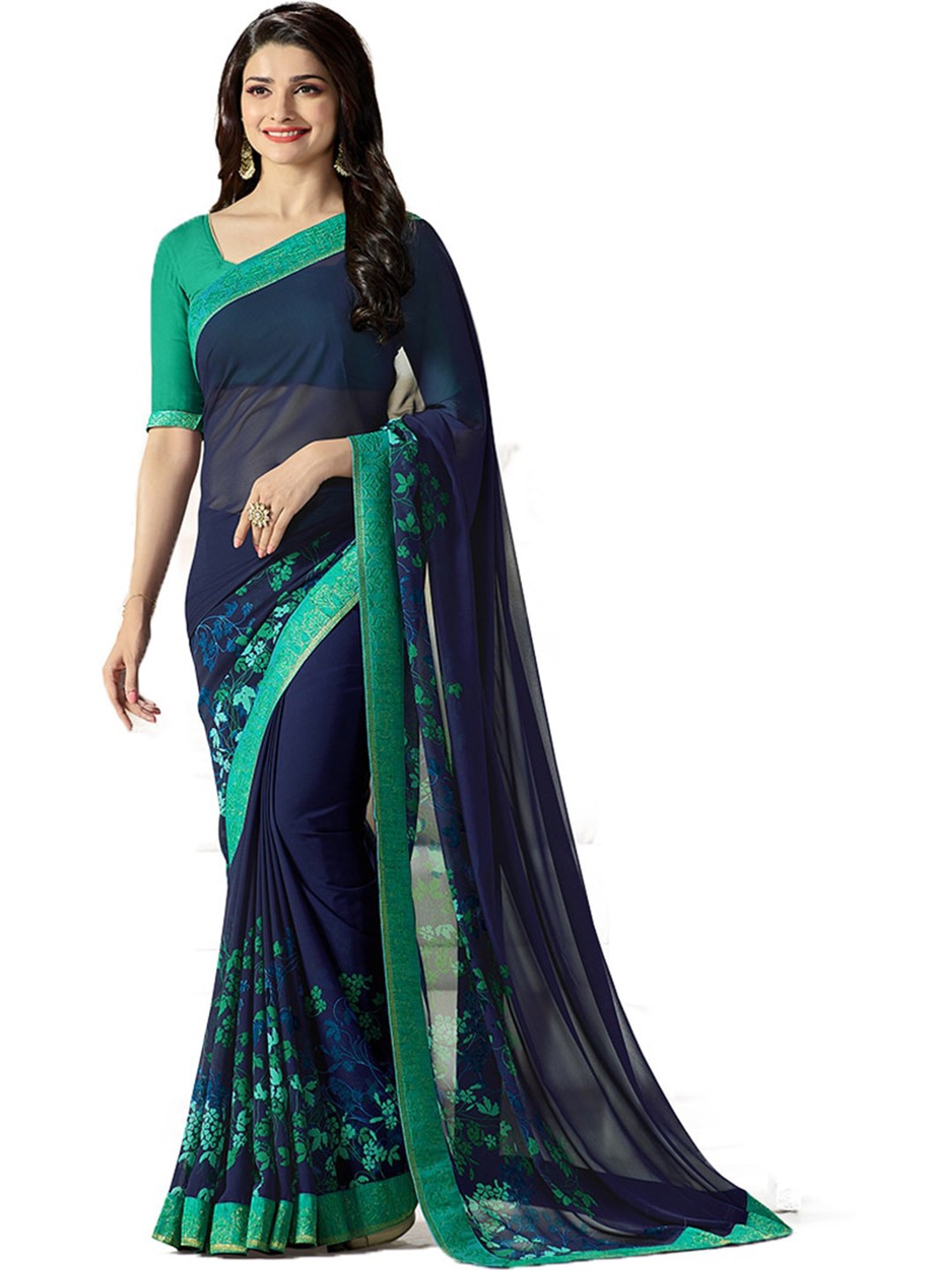 

ROOP SUNDARI SAREES Floral Printed Pure Georgette Saree, Blue