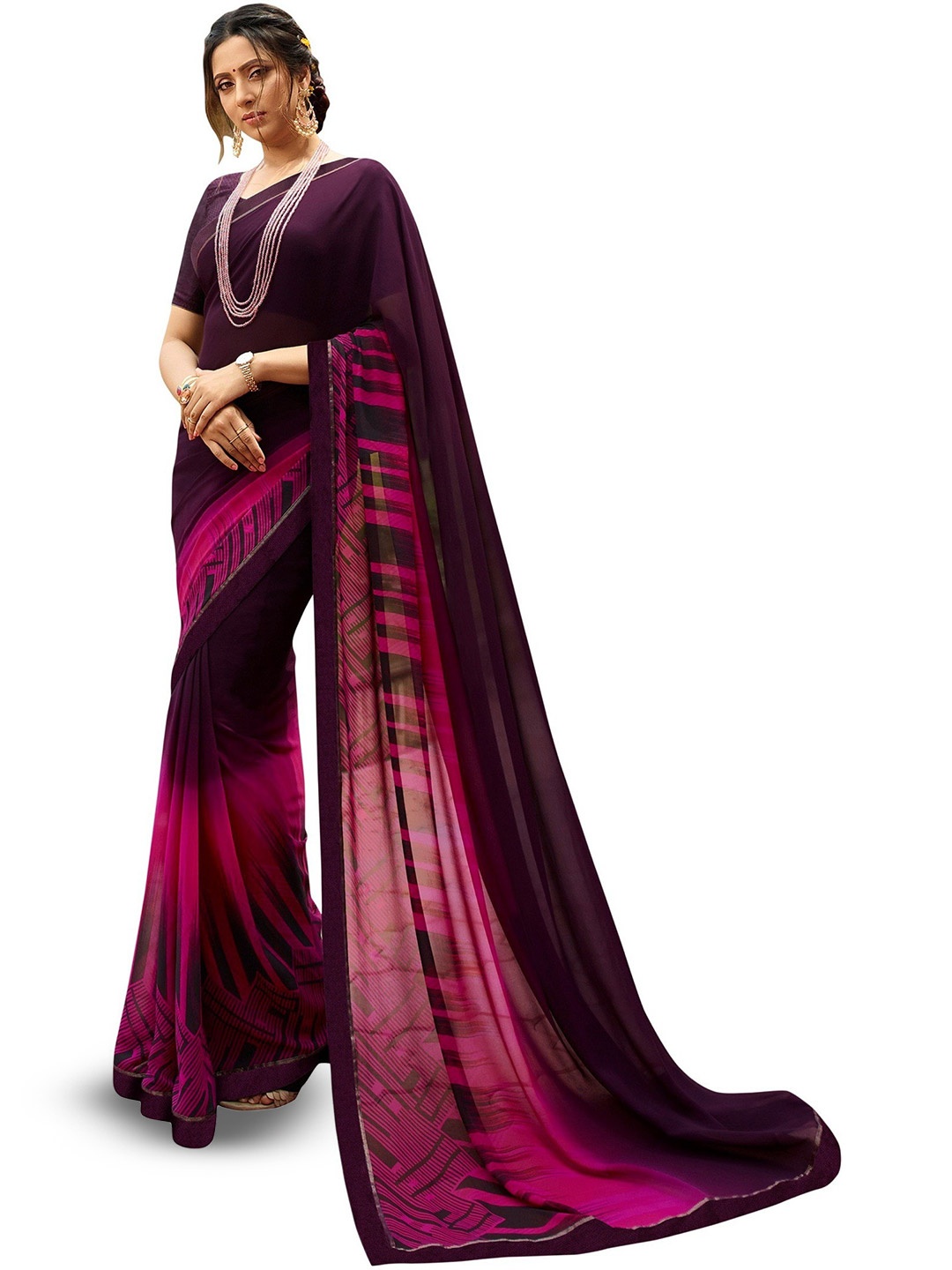 

ROOP SUNDARI SAREES Abstract Printed Pure Georgette Saree, Purple