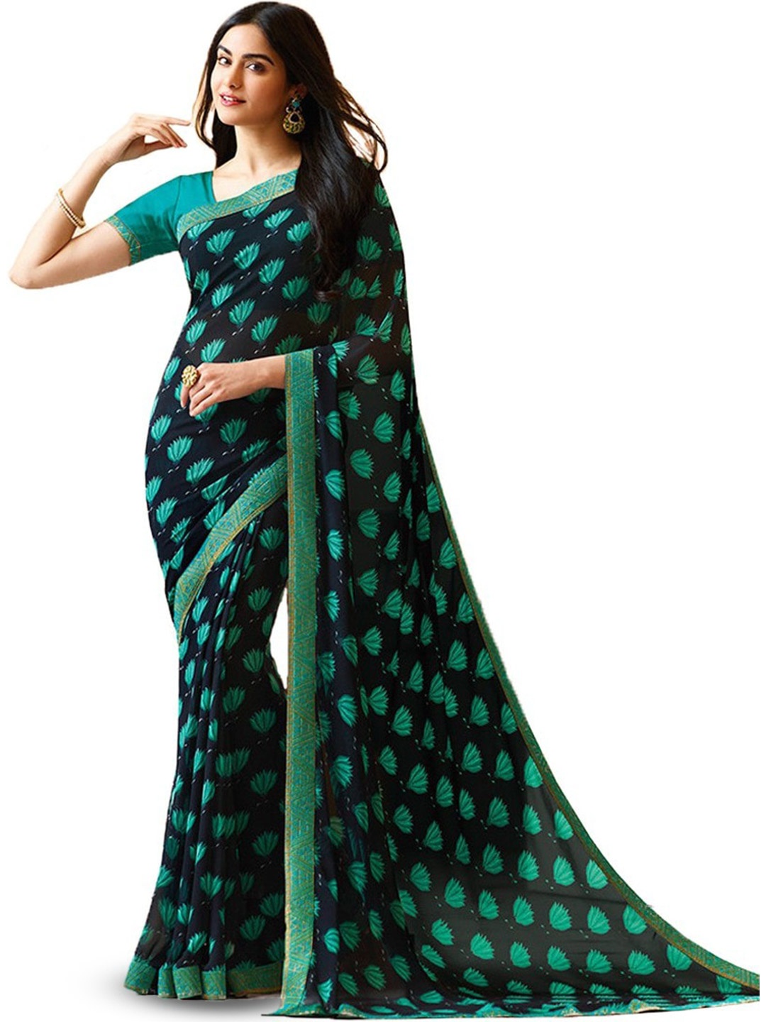 

ROOP SUNDARI SAREES Floral Printed Pure Georgette Saree, Blue