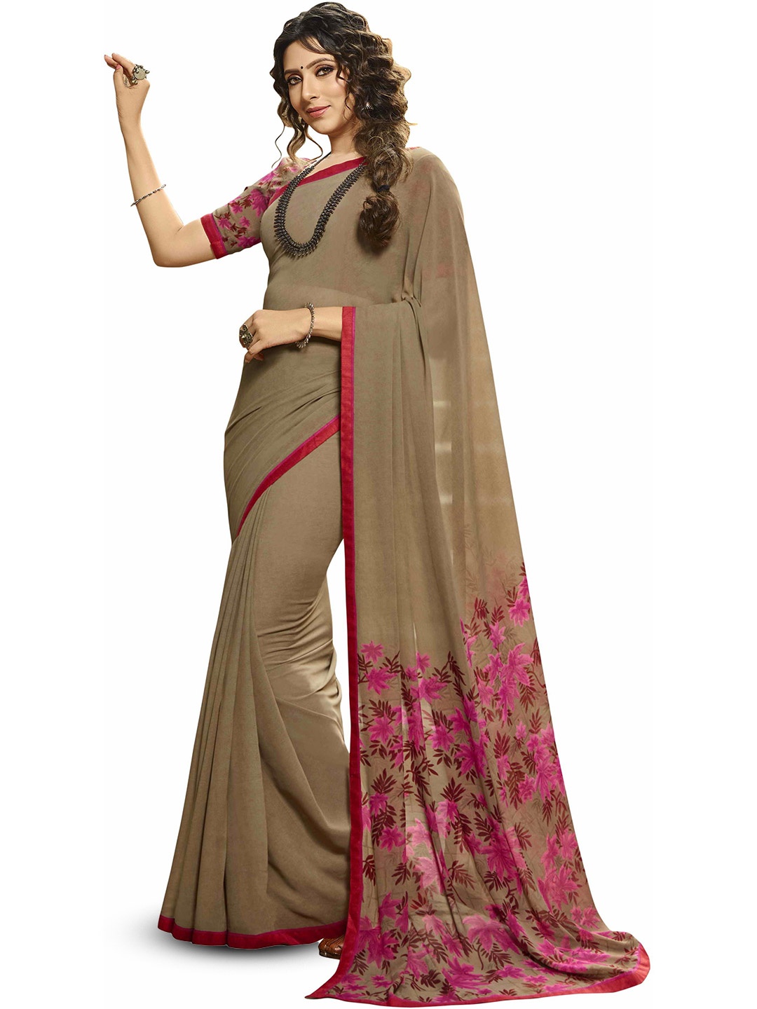 

ROOP SUNDARI SAREES Floral Printed Pure Georgette Saree, Grey