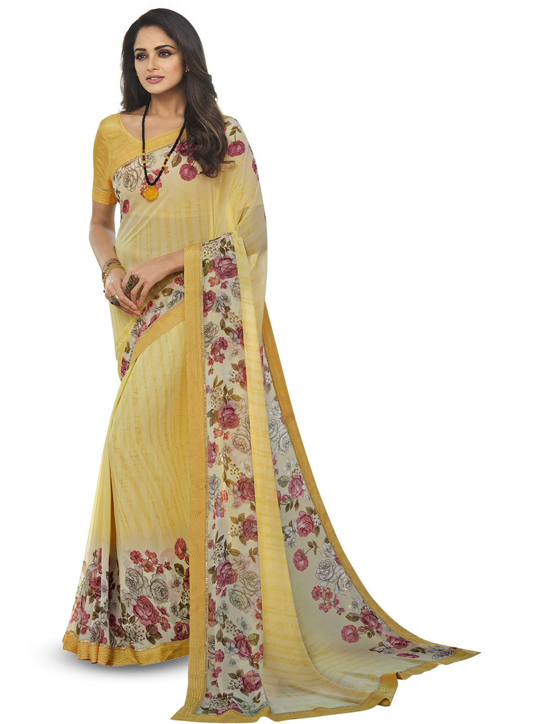 

ROOP SUNDARI SAREES Floral Printed Pure Georgette Saree, Yellow