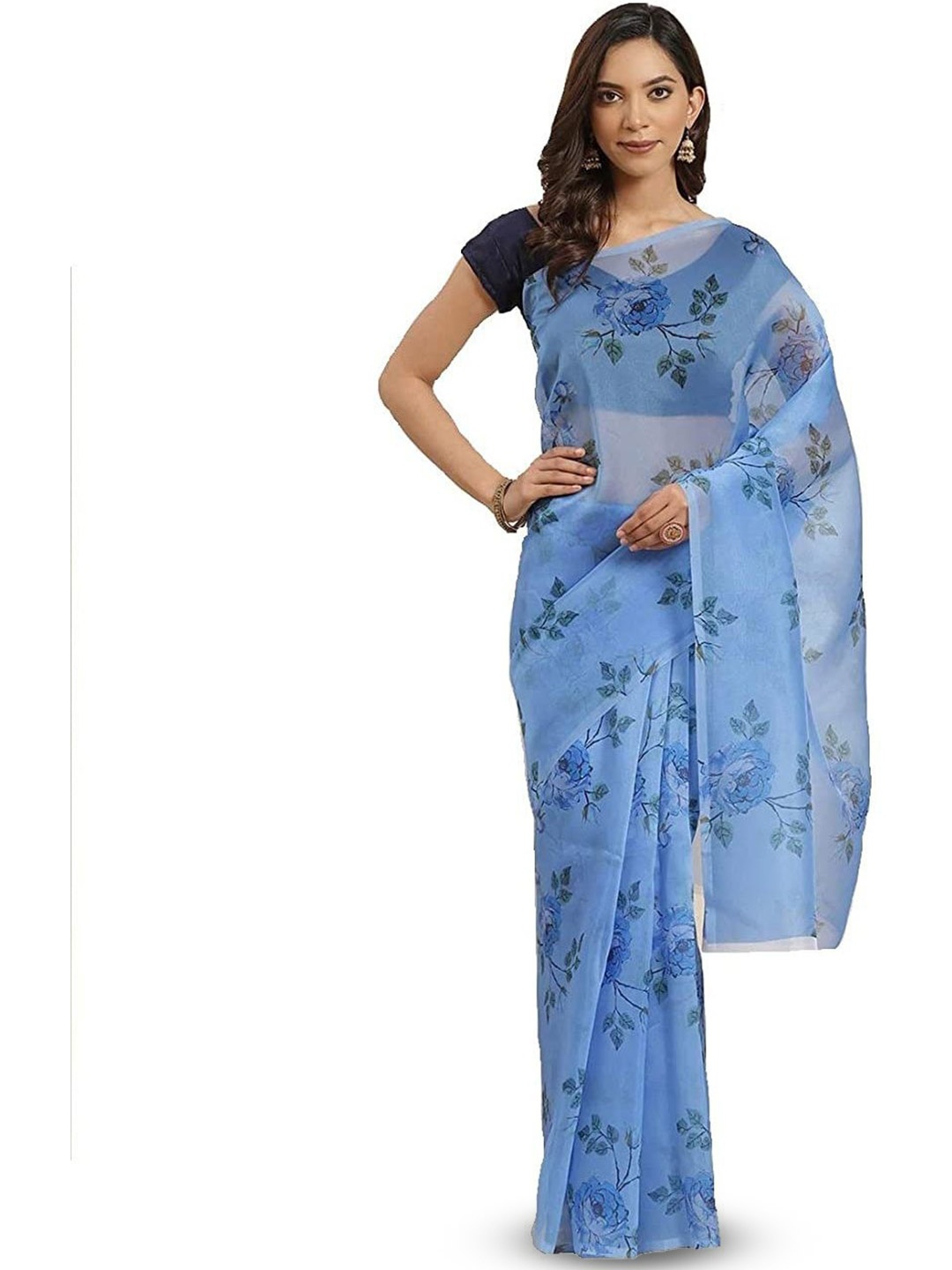 

ROOP SUNDARI SAREES Floral Printed Organza Saree, Blue