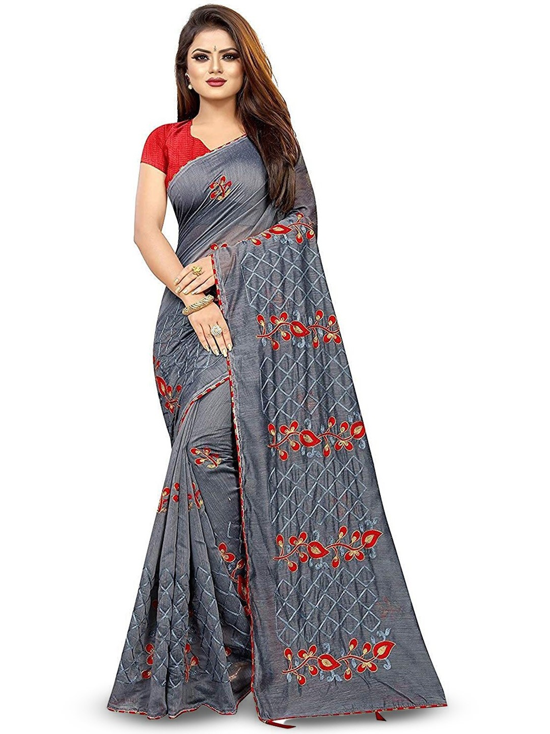 

ROOP SUNDARI SAREES Floral Printed Embroidered Pure Georgette Saree, Grey