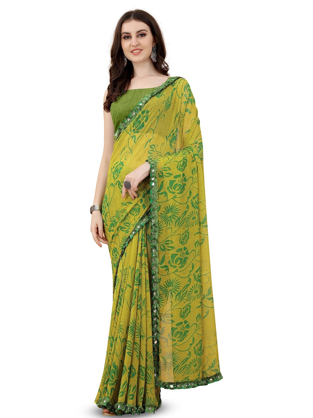 

ROOP SUNDARI SAREES Floral Mirror Work Pure Georgette Saree, Green