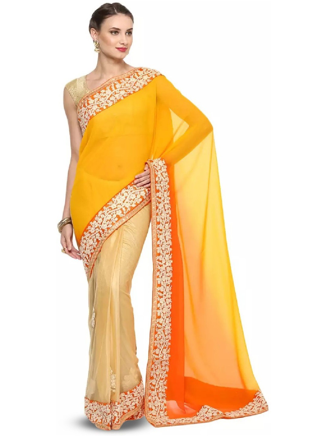 

ROOP SUNDARI SAREES Ethnic Motifs Embroidered Pure Georgette Saree, Beige