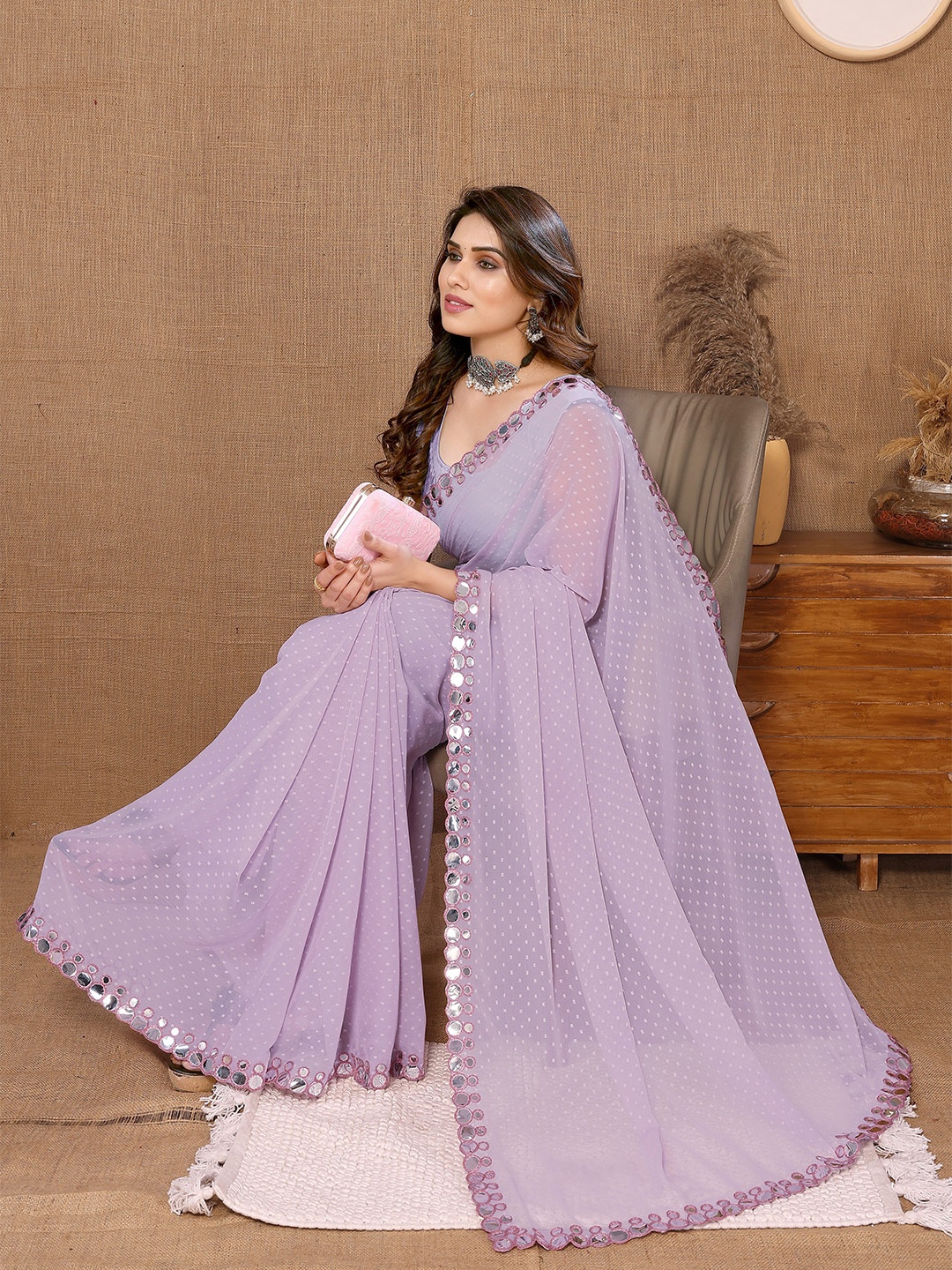 

ROOP SUNDARI SAREES Woven Design Mirror Work Pure Georgette Saree, Purple