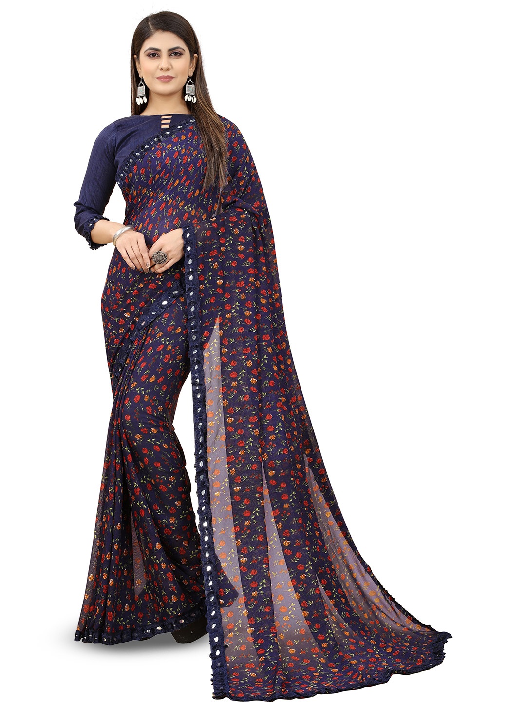 

ROOP SUNDARI SAREES Floral Mirror Work Pure Georgette Saree, Blue