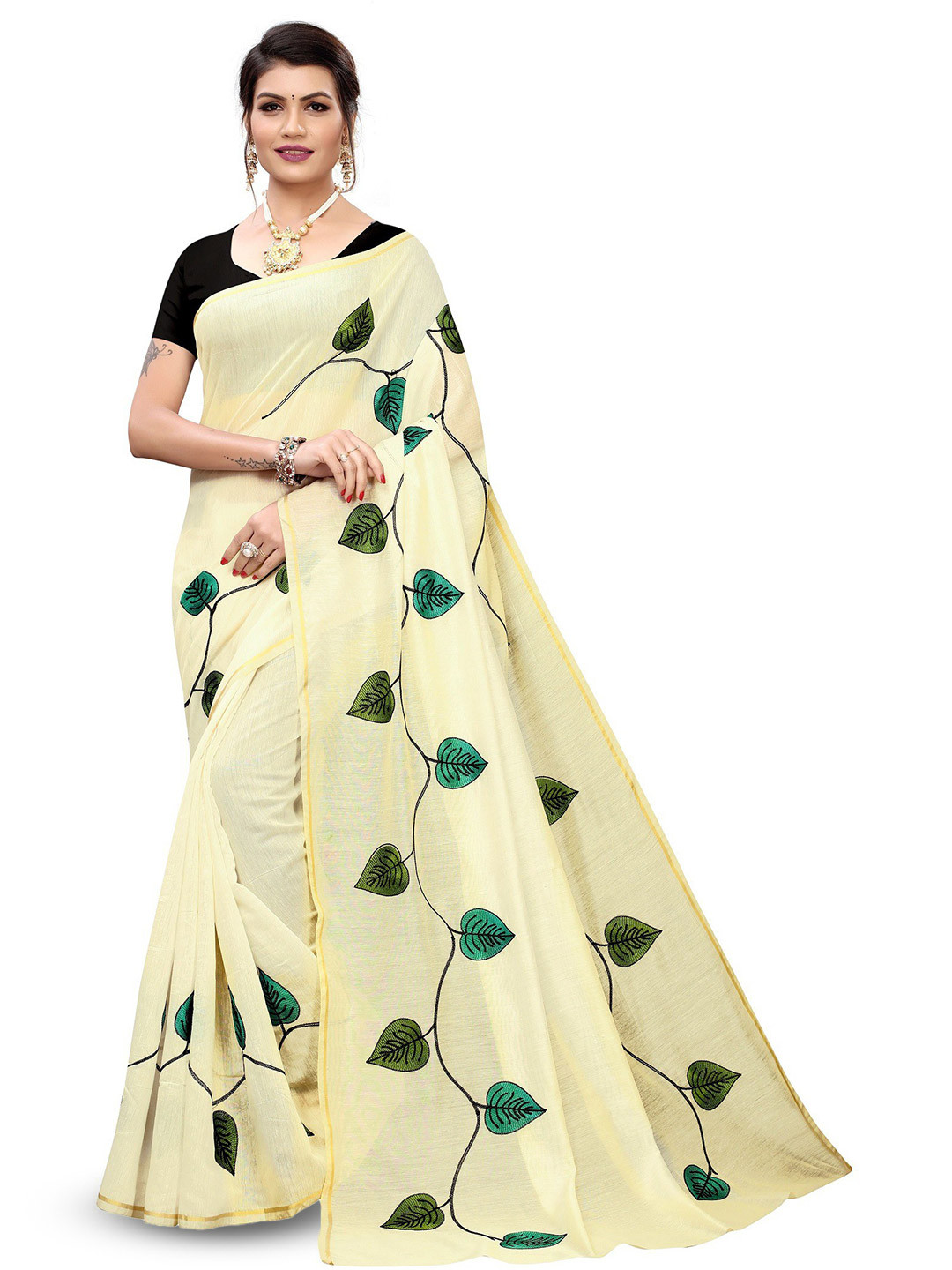 

ROOP SUNDARI SAREES Floral Printed Zari Saree, Cream