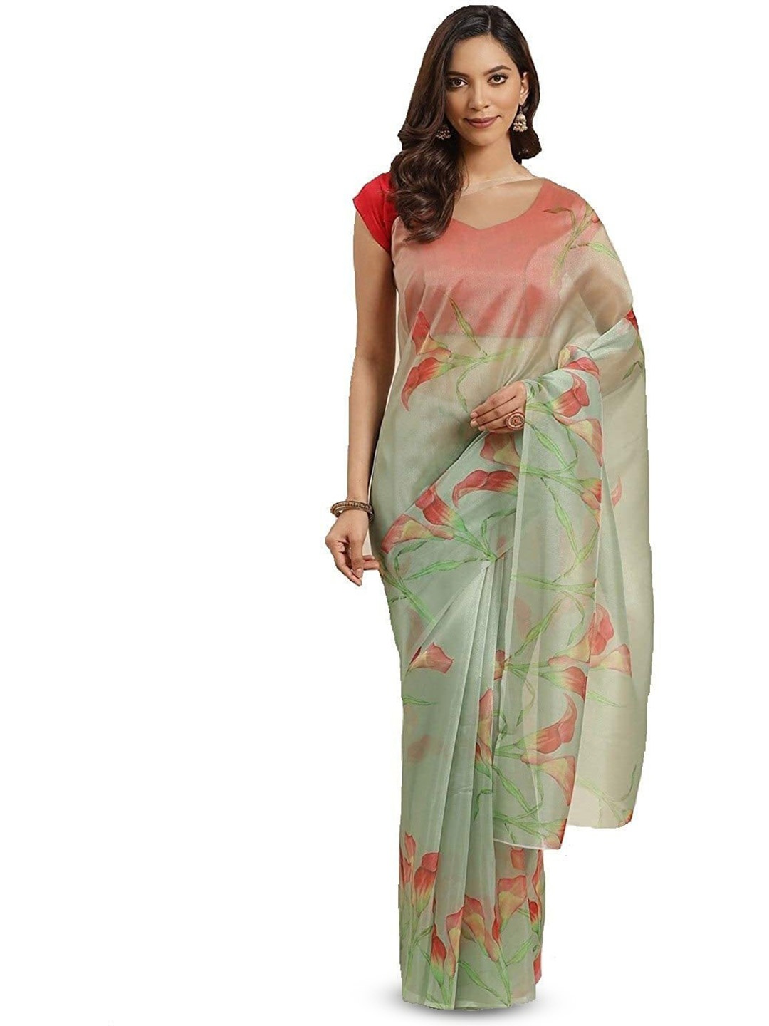 

ROOP SUNDARI SAREES Floral Printed Organza Saree, Green