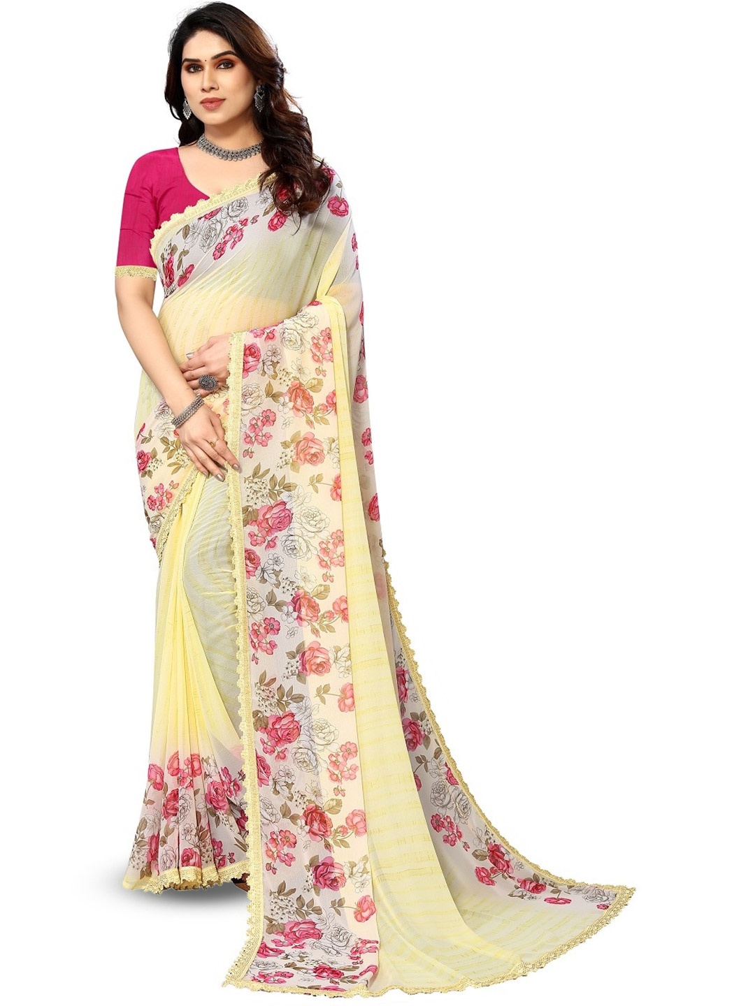 

ROOP SUNDARI SAREES Floral Printed Pure Georgette Saree, Yellow