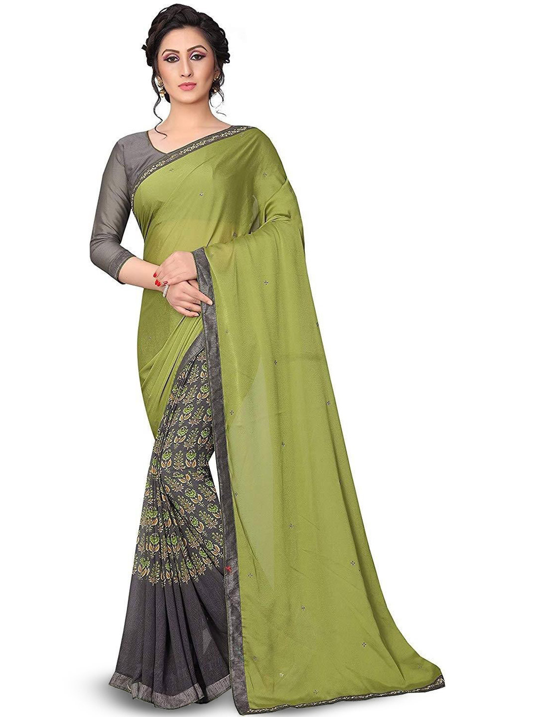 

ROOP SUNDARI SAREES Floral Pure Georgette Half and Half Saree, Green