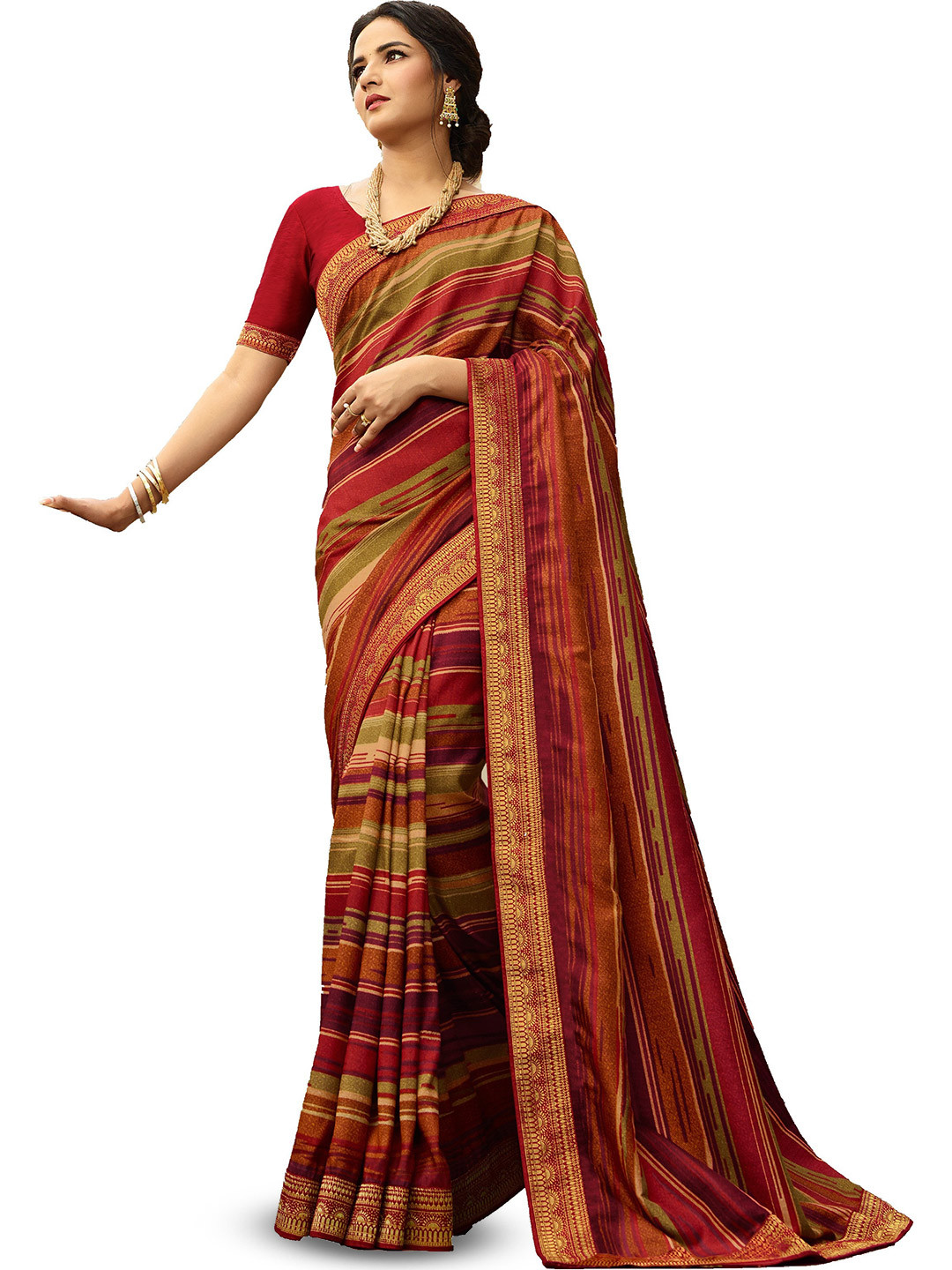 

ROOP SUNDARI SAREES Striped Printed Zari Georgette Saree, Red
