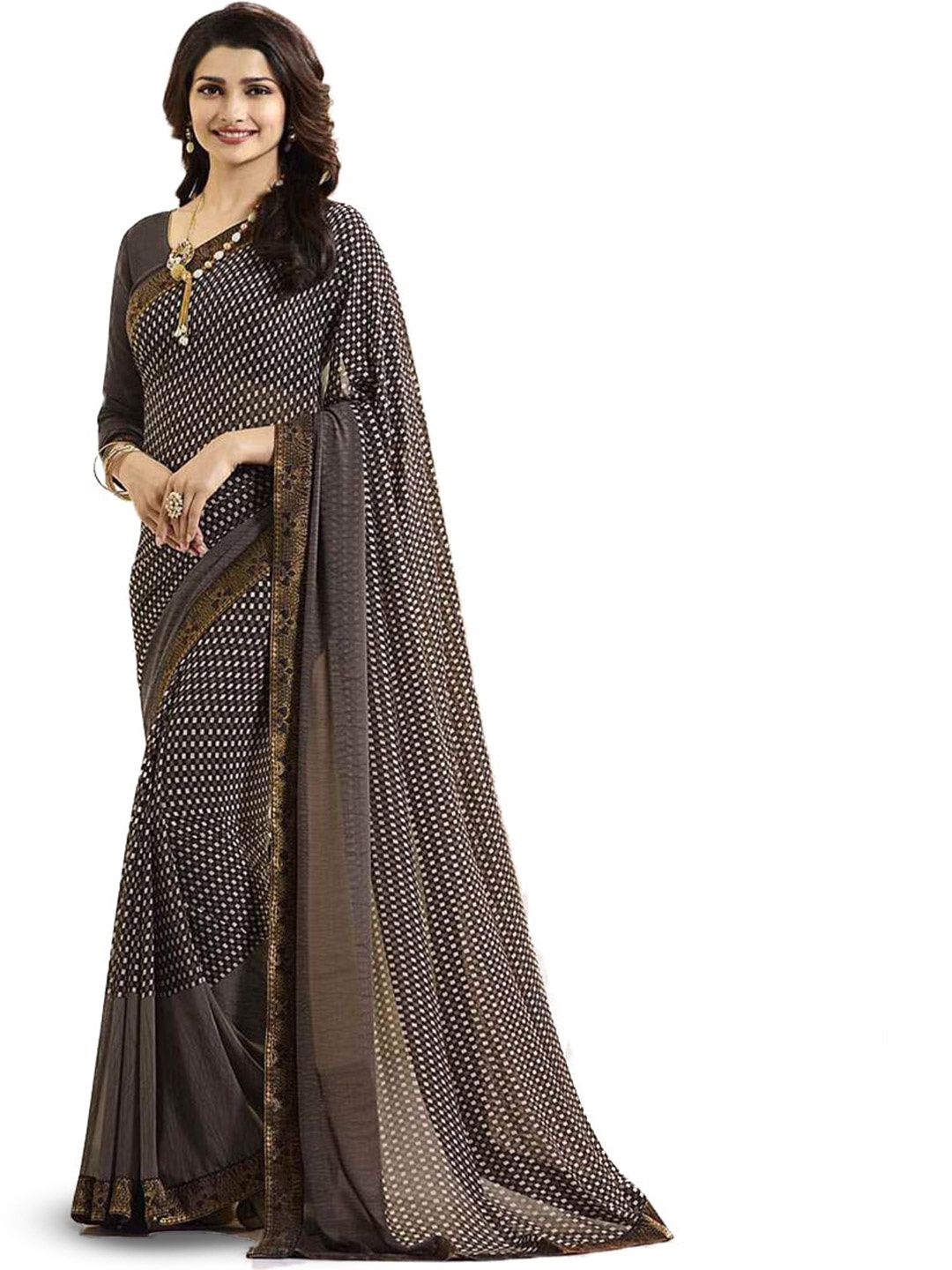

ROOP SUNDARI SAREES Geometric Printed Zari Georgette Saree, Brown