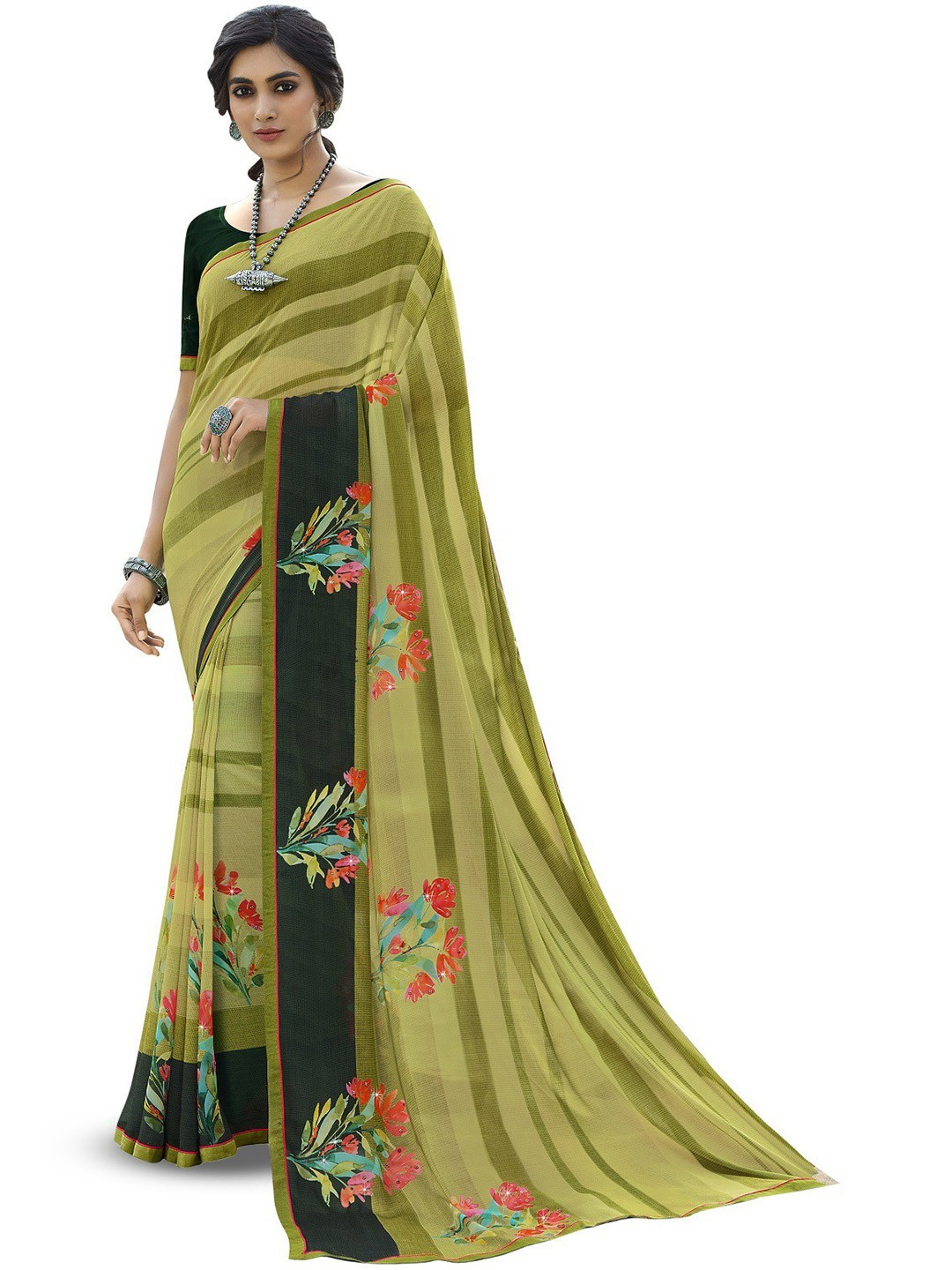 

ROOP SUNDARI SAREES Floral Pure Georgette Saree, Green