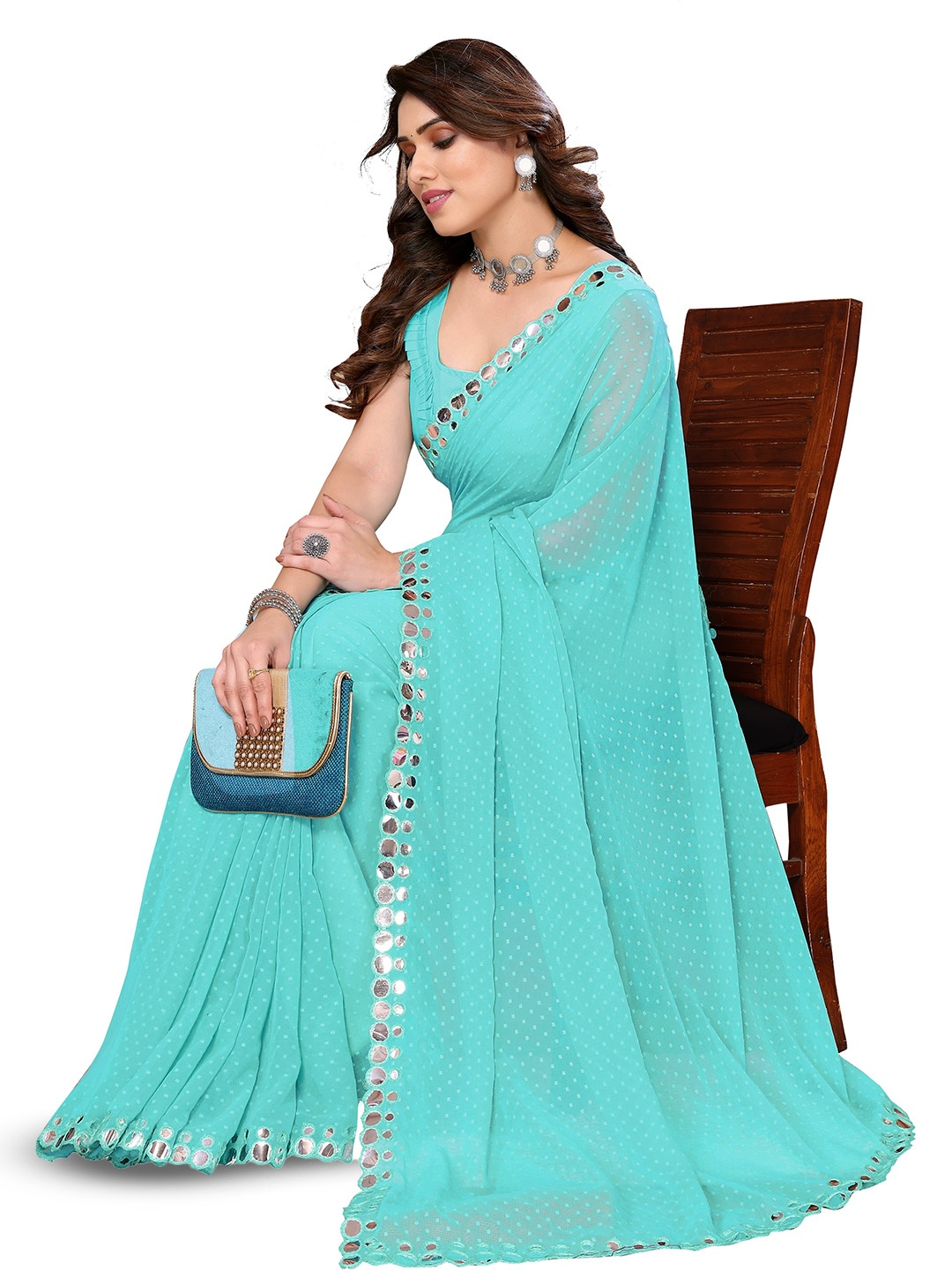 

ROOP SUNDARI SAREES Woven Design Mirror Work Pure Georgette Saree, Turquoise blue