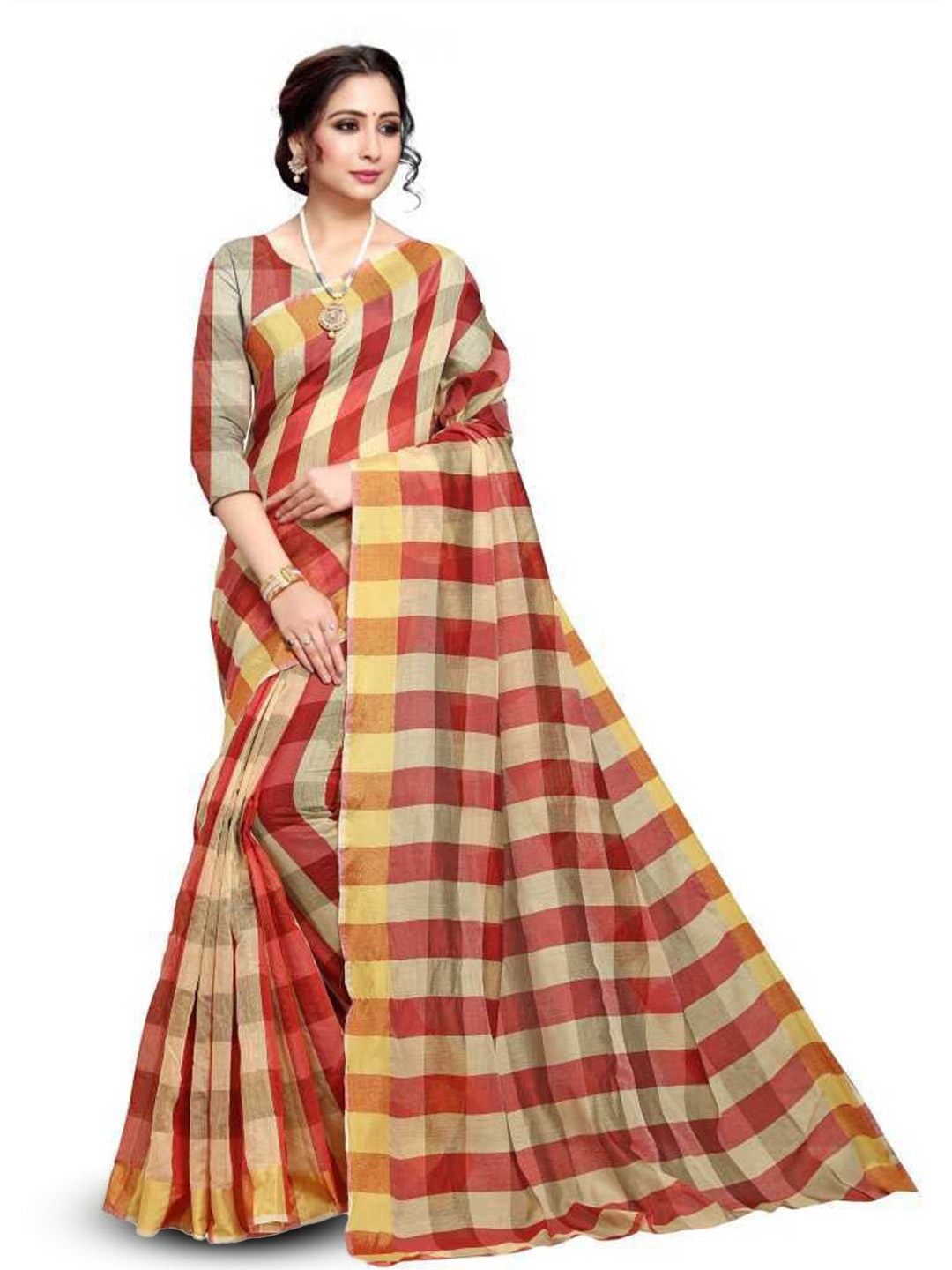 

ROOP SUNDARI SAREES Checked Saree, Maroon