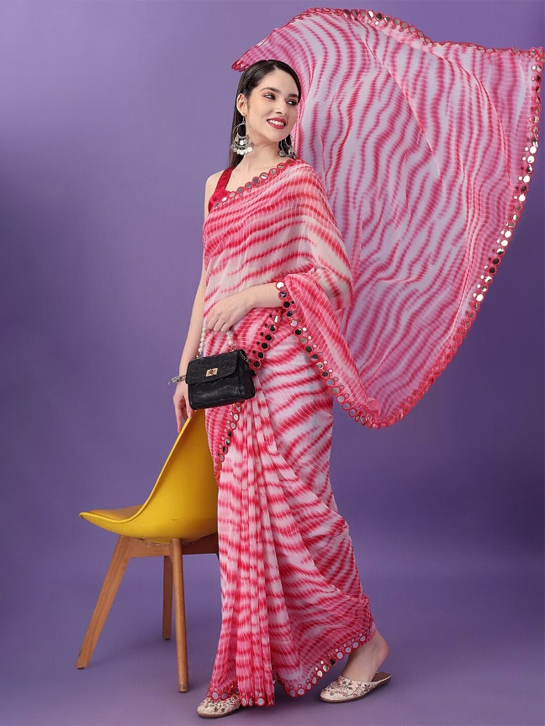 

ROOP SUNDARI SAREES Leheriya Printed Mirror Work Pure Georgette Saree, Pink