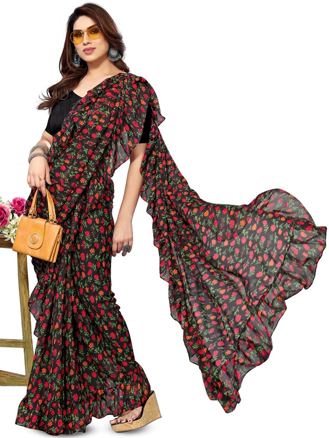 

ROOP SUNDARI SAREES Floral Printed Pure Georgette Saree, Black