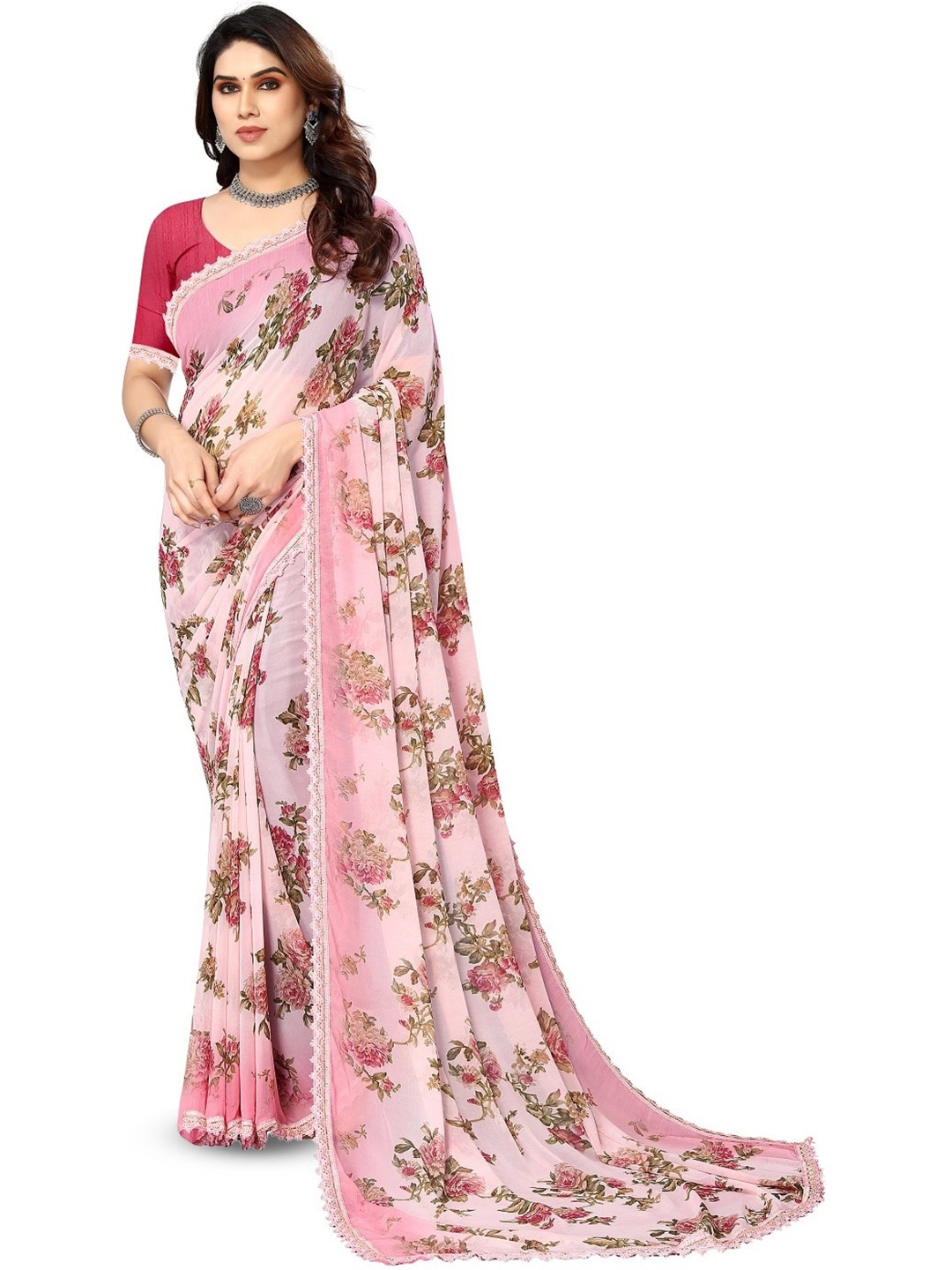 

ROOP SUNDARI SAREES Floral Printed Pure Georgette Saree, Pink