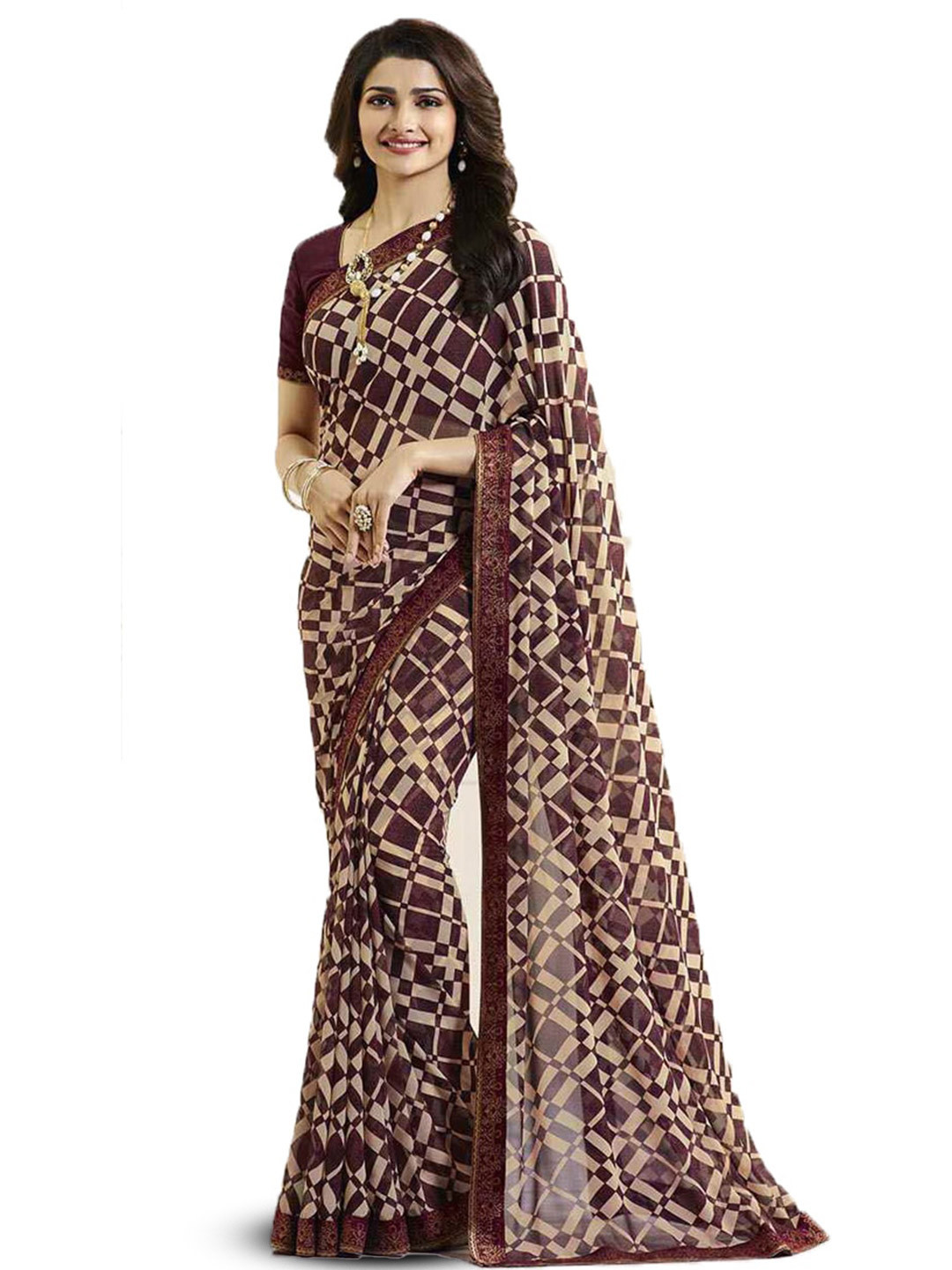 

ROOP SUNDARI SAREES Geometric Printed Pure Georgette Saree, Brown