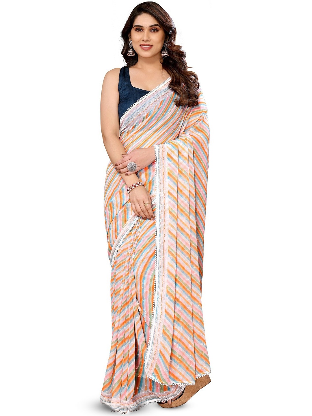 

ROOP SUNDARI SAREES Striped Pure Georgette Saree, Orange