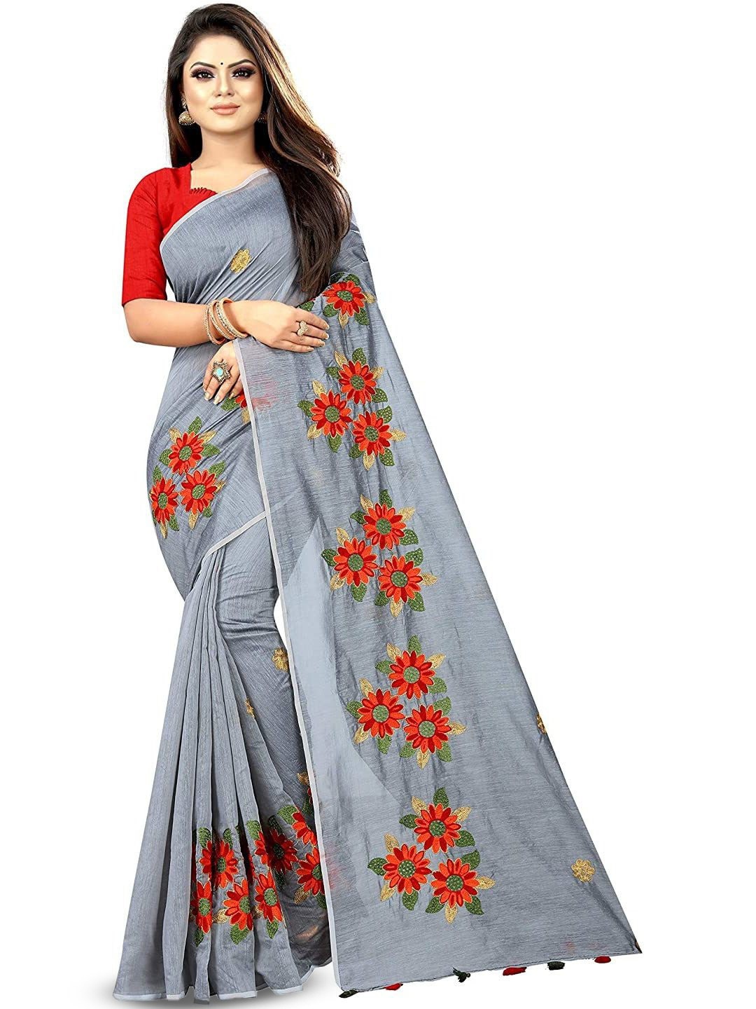 

ROOP SUNDARI SAREES Floral Zari Saree, Grey