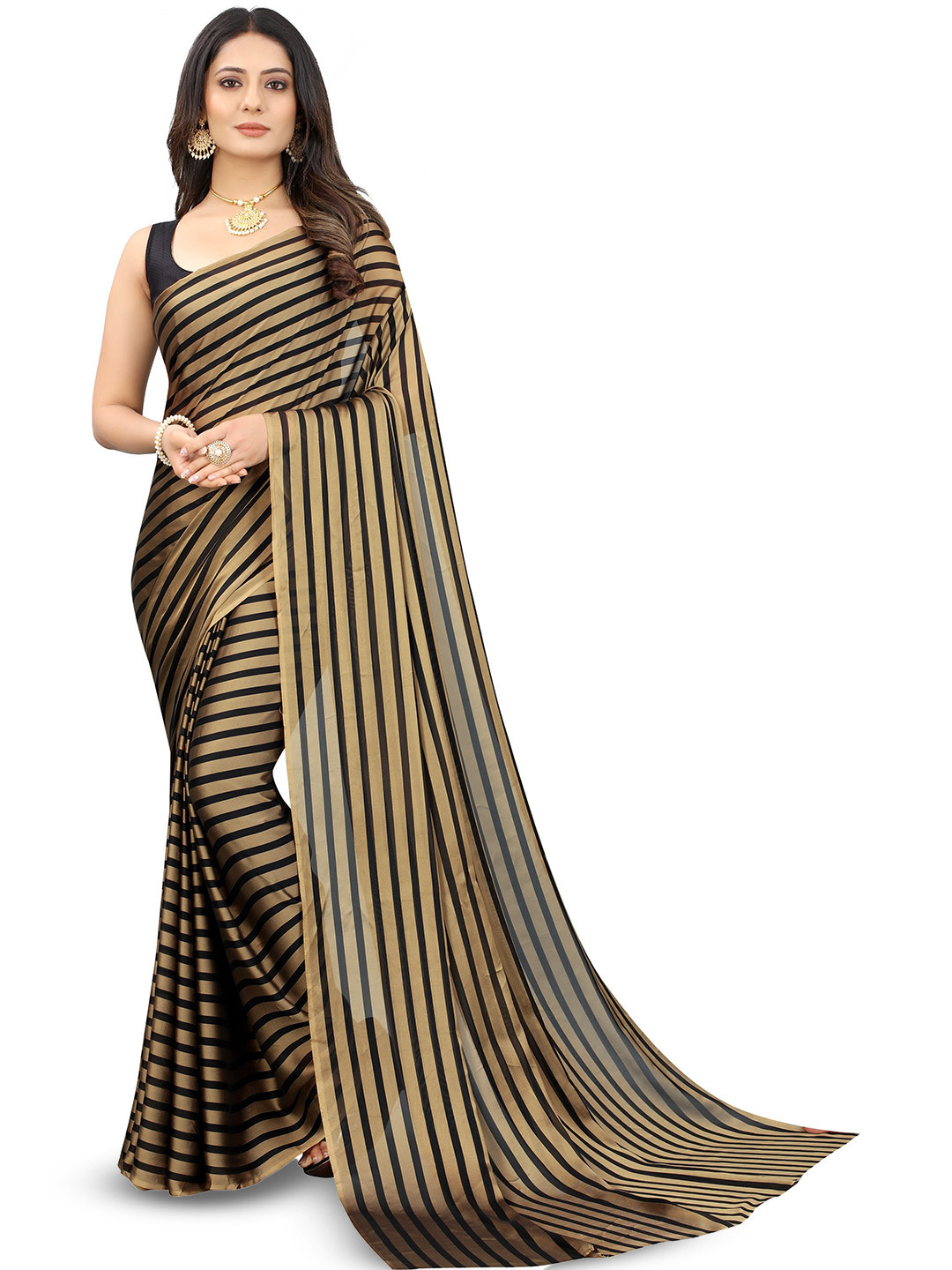

ROOP SUNDARI SAREES Striped Satin Saree, Brown