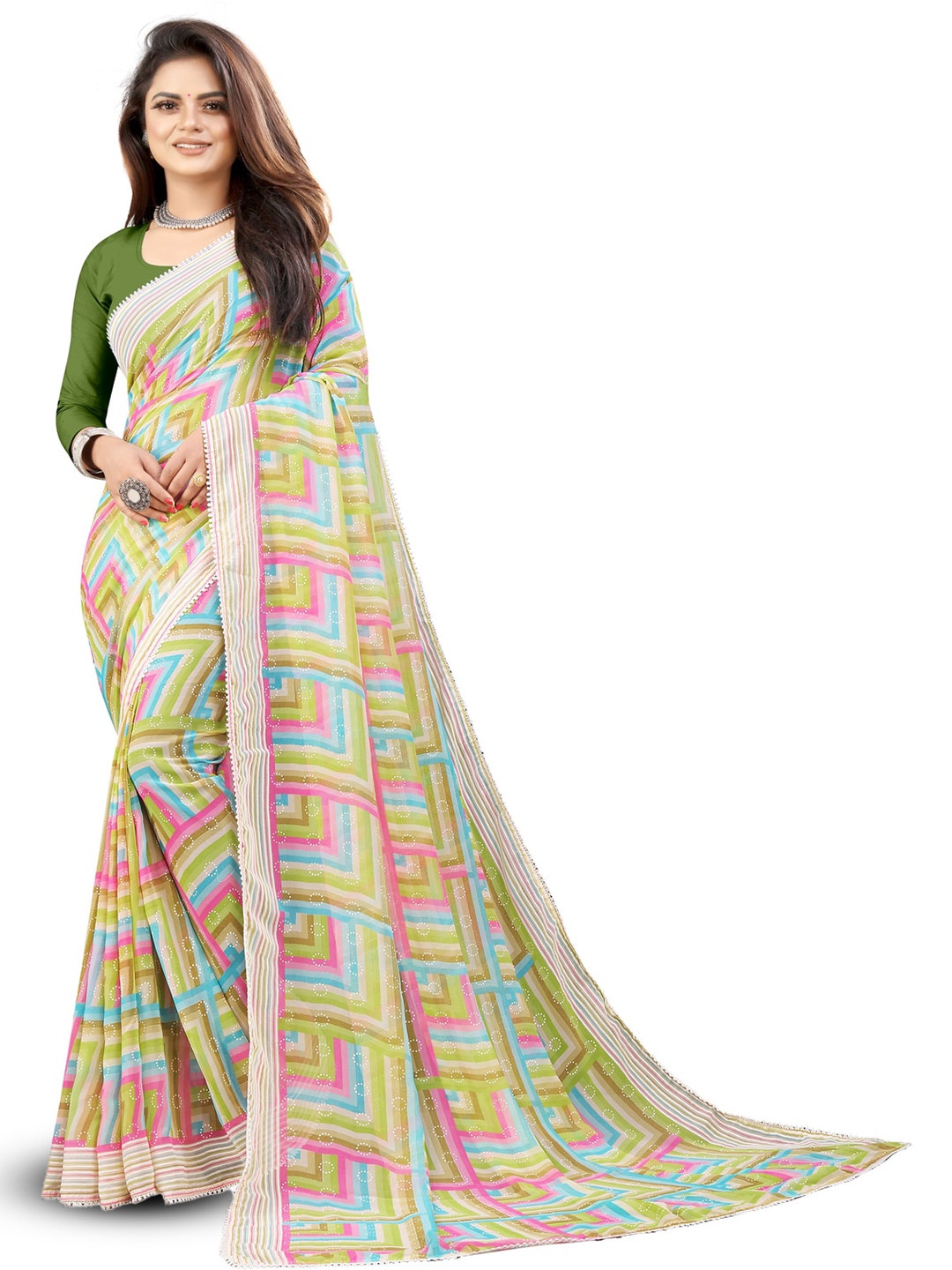 

ROOP SUNDARI SAREES Geometric Print Pure Georgette Saree, Green