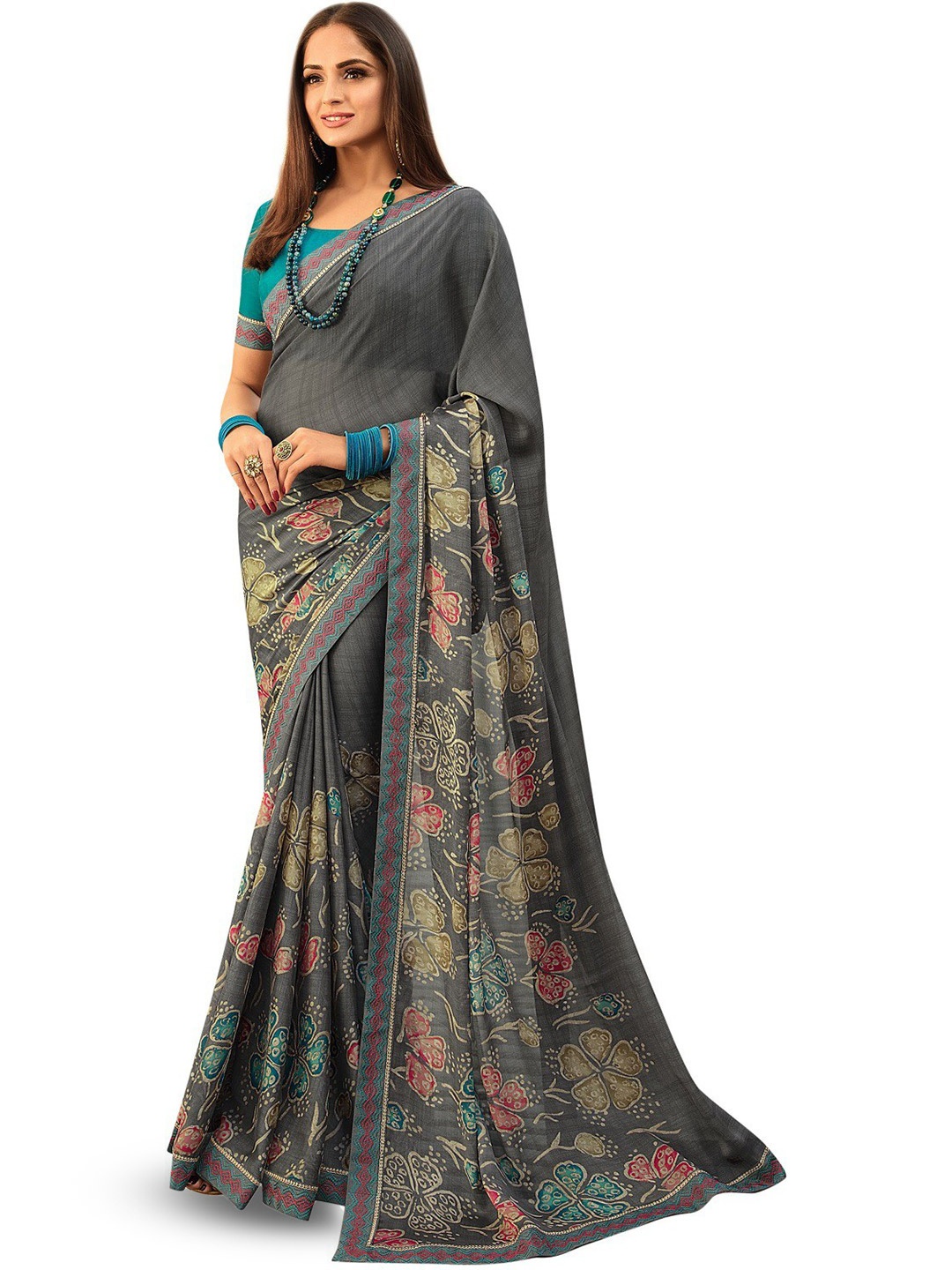 ROOP SUNDARI SAREES Floral Print Pure Georgette Saree, Grey