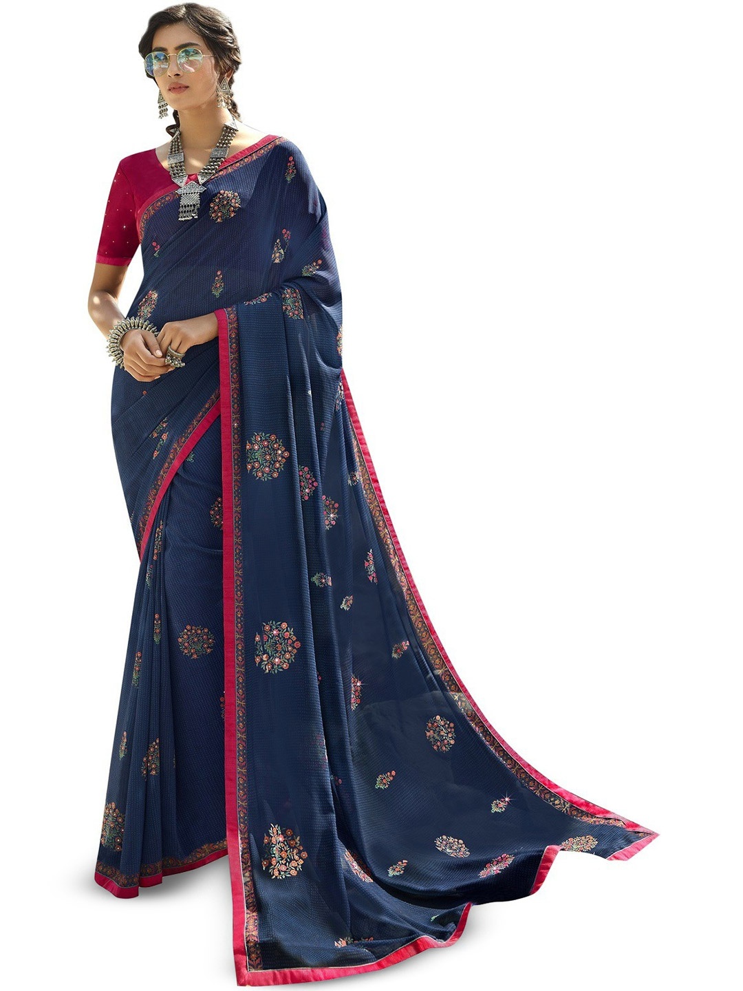 

ROOP SUNDARI SAREES Floral Print Pure Georgette Saree, Blue