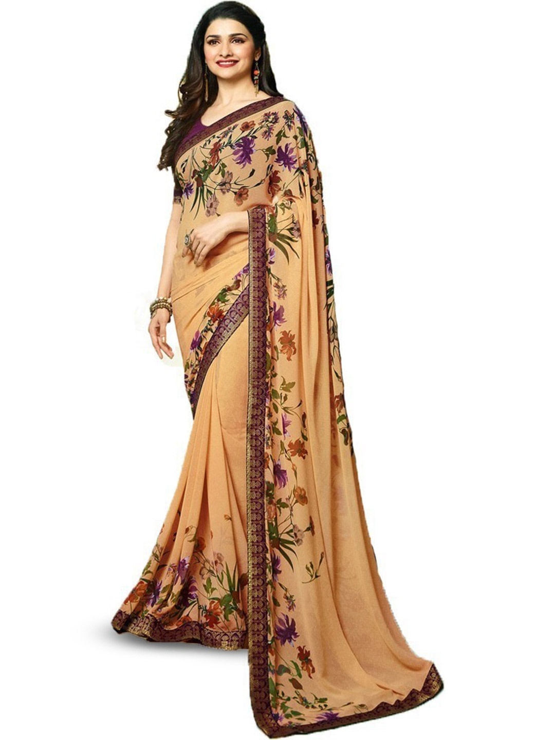 

ROOP SUNDARI SAREES Floral Printed Zari Georgette Saree, Beige