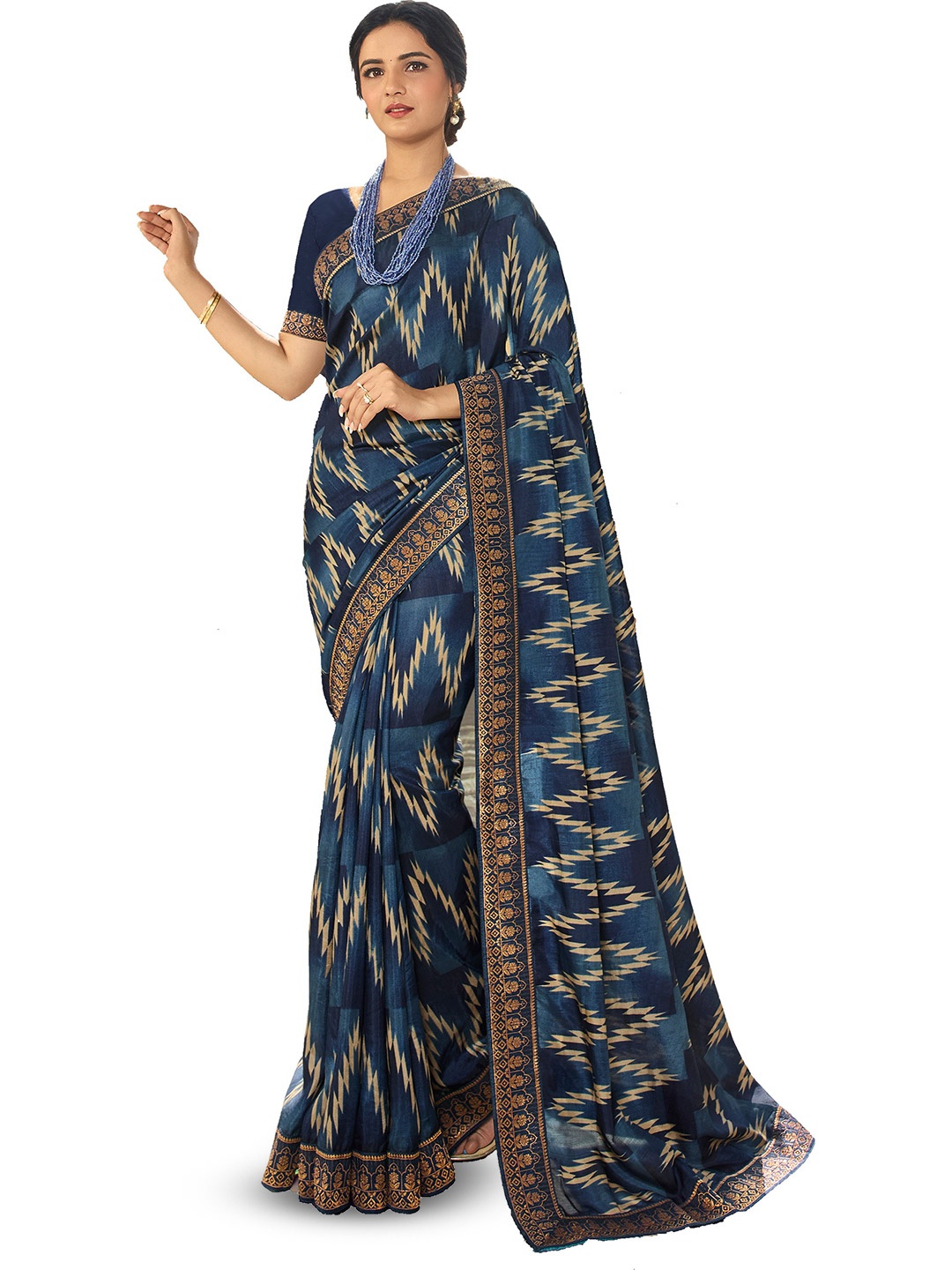 

ROOP SUNDARI SAREES Geometric Printed Zari Georgette Saree, Blue